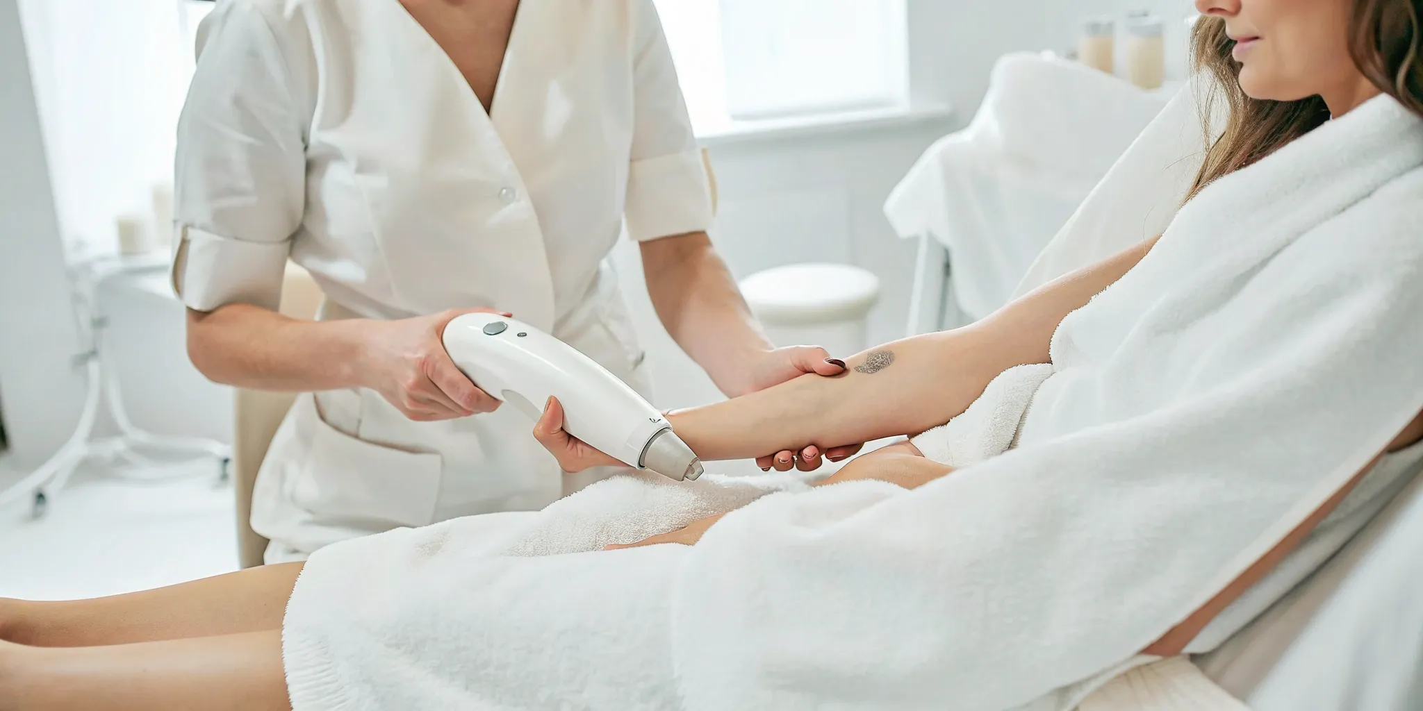 Tattoo removal procedure on a woman's arm in Plano.