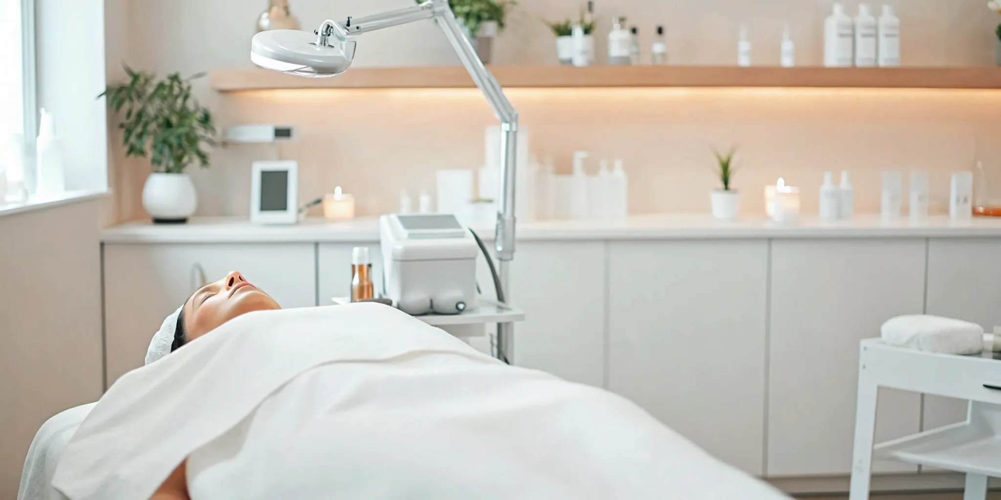 Woman at a clinic for a non-surgical body contouring treatment.