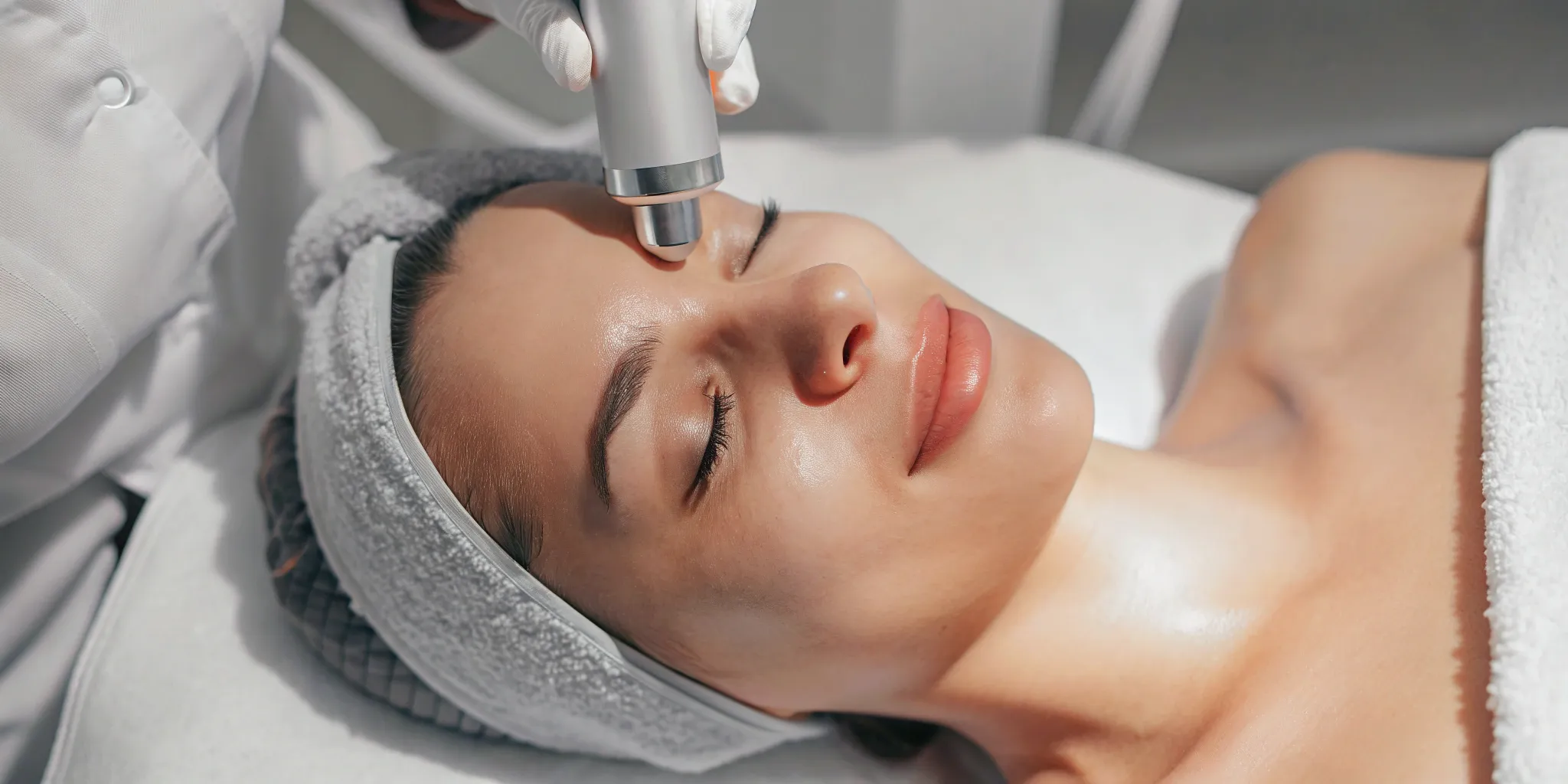 A woman receiving an RF skin resurfacing treatment on her face.