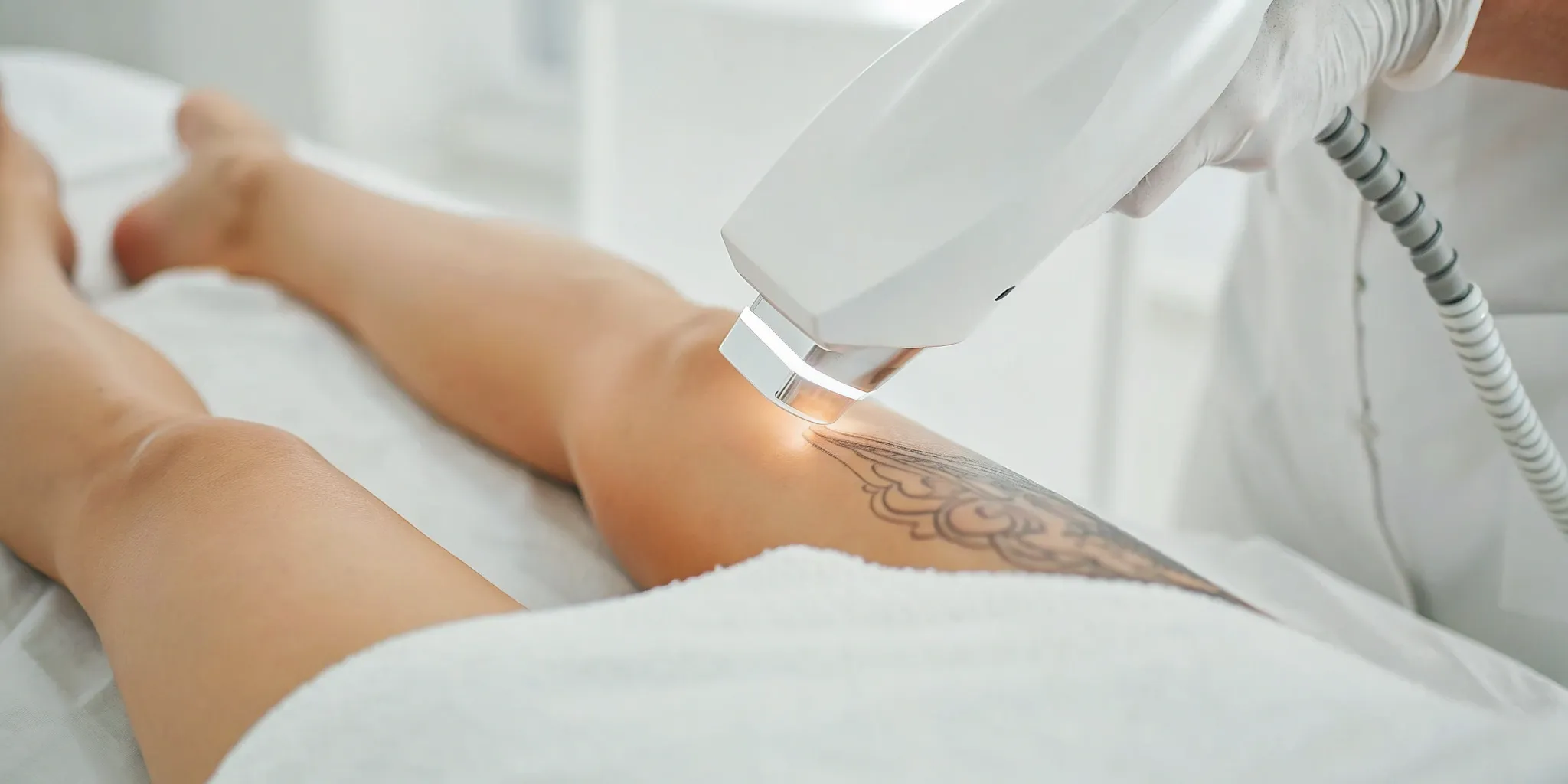 Laser tattoo removal on a leg.