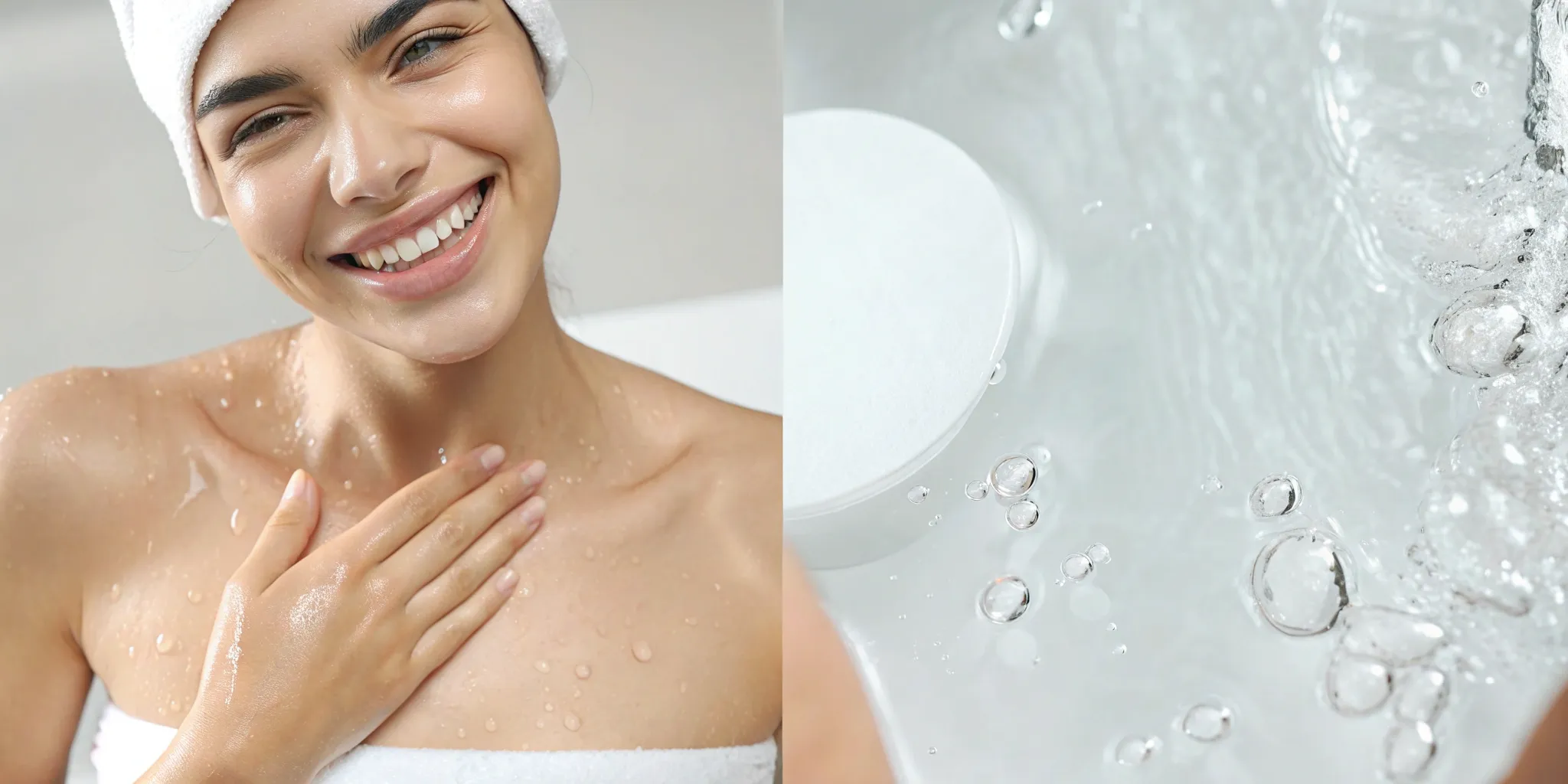 Woman with a towel on her head enjoying the lasting glow and radiant skin from a hydrafacial.