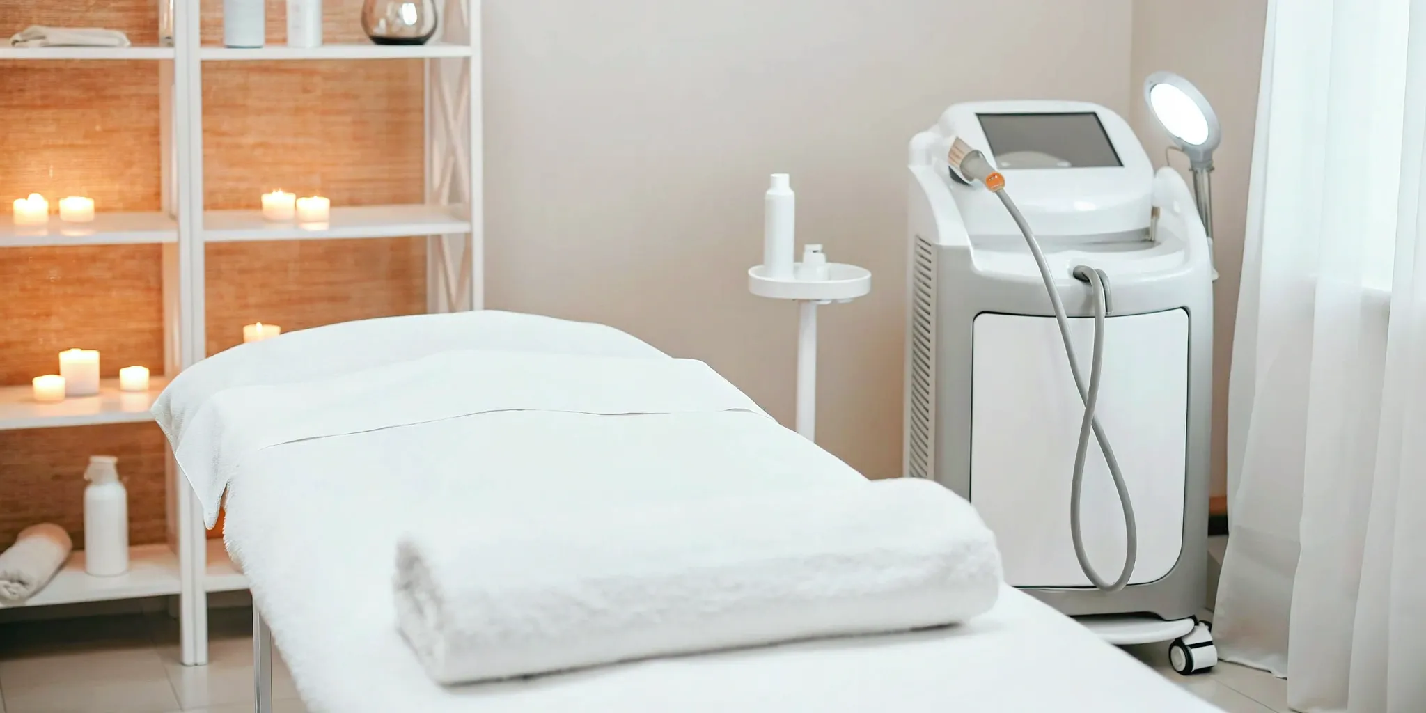 VelaShape machine in a spa room for a non-invasive thigh cellulite and slimming treatment.
