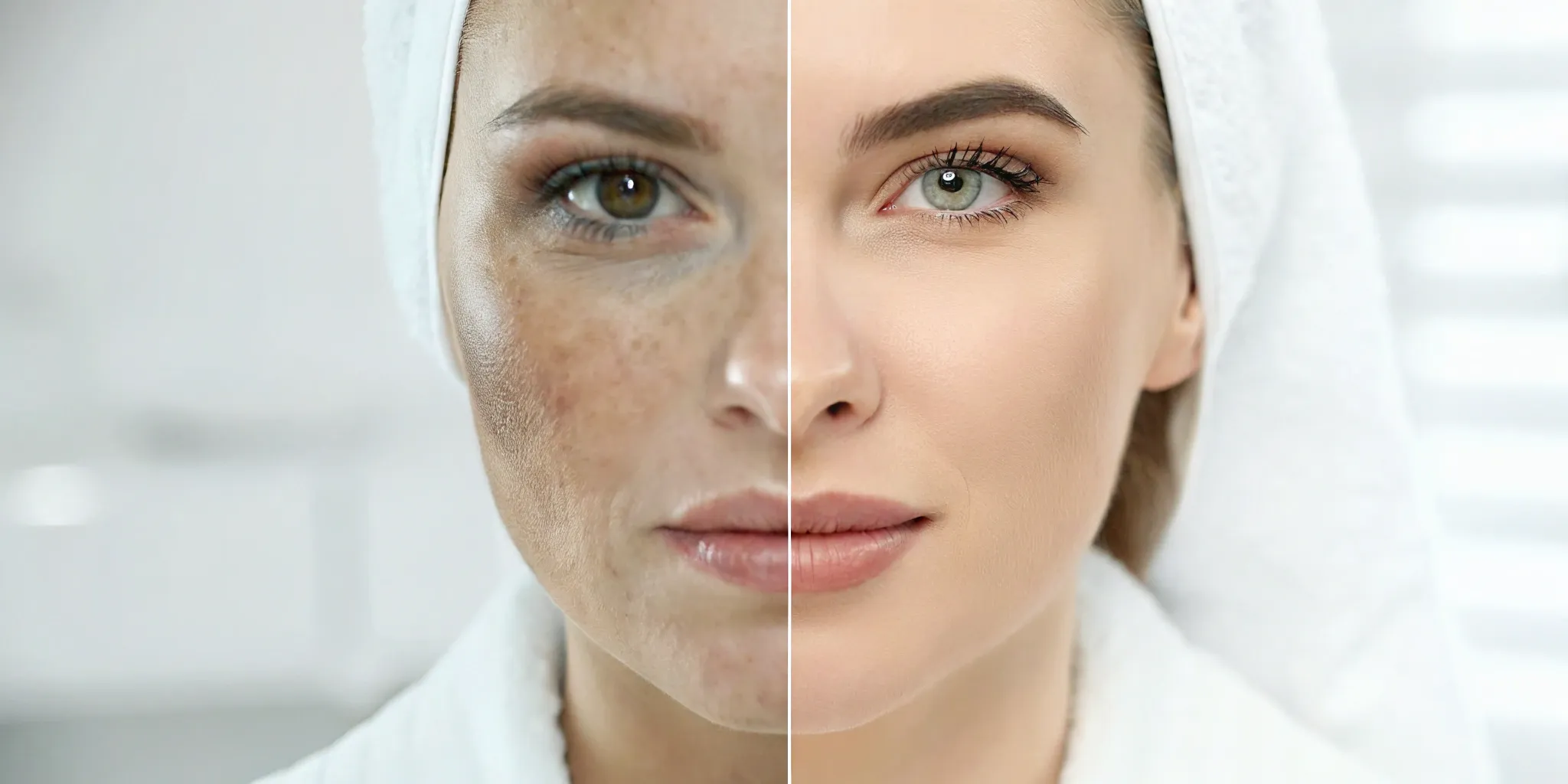 VI Peel before and after on a woman's face showing smoother skin and more even tone.