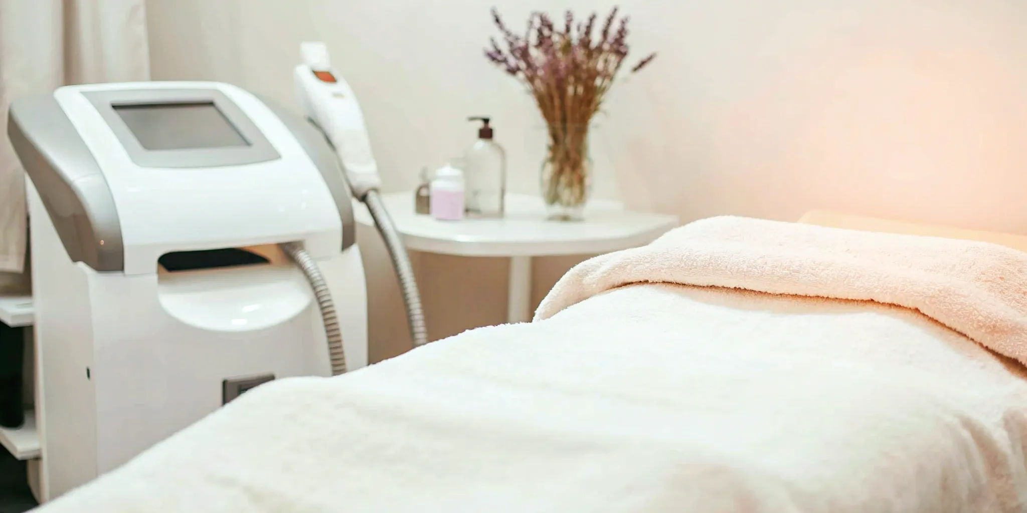 Laser hair removal machine and treatment bed in a Richardson clinic.