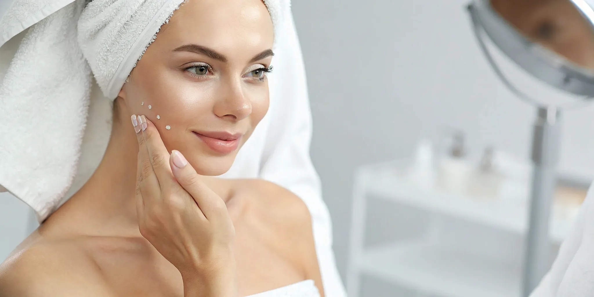 A woman applying a topical cream for skin tightening post pregnancy.