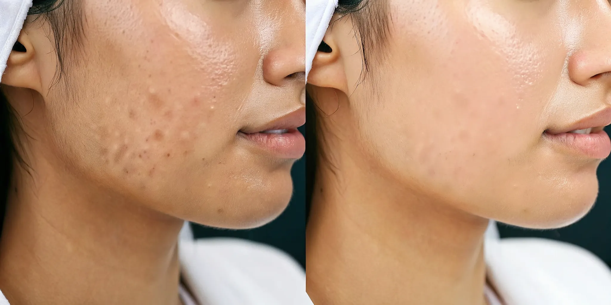 Before and after microneedling treatment helps reduce large pores and improve skin texture.