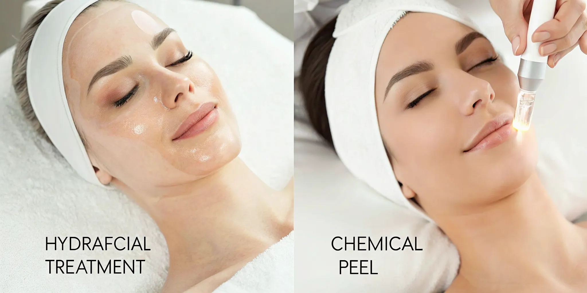 A woman's face during a HydraFacial vs a chemical peel skin treatment in a spa.