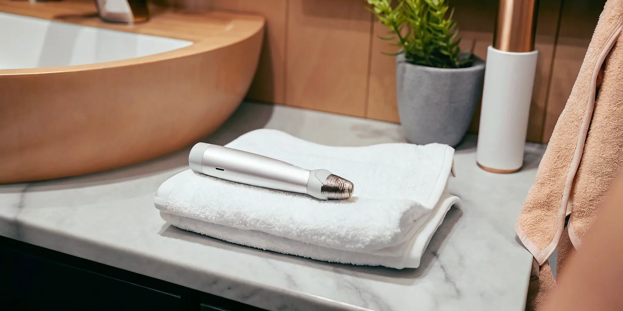 Laser tattoo removal device on bathroom towel.