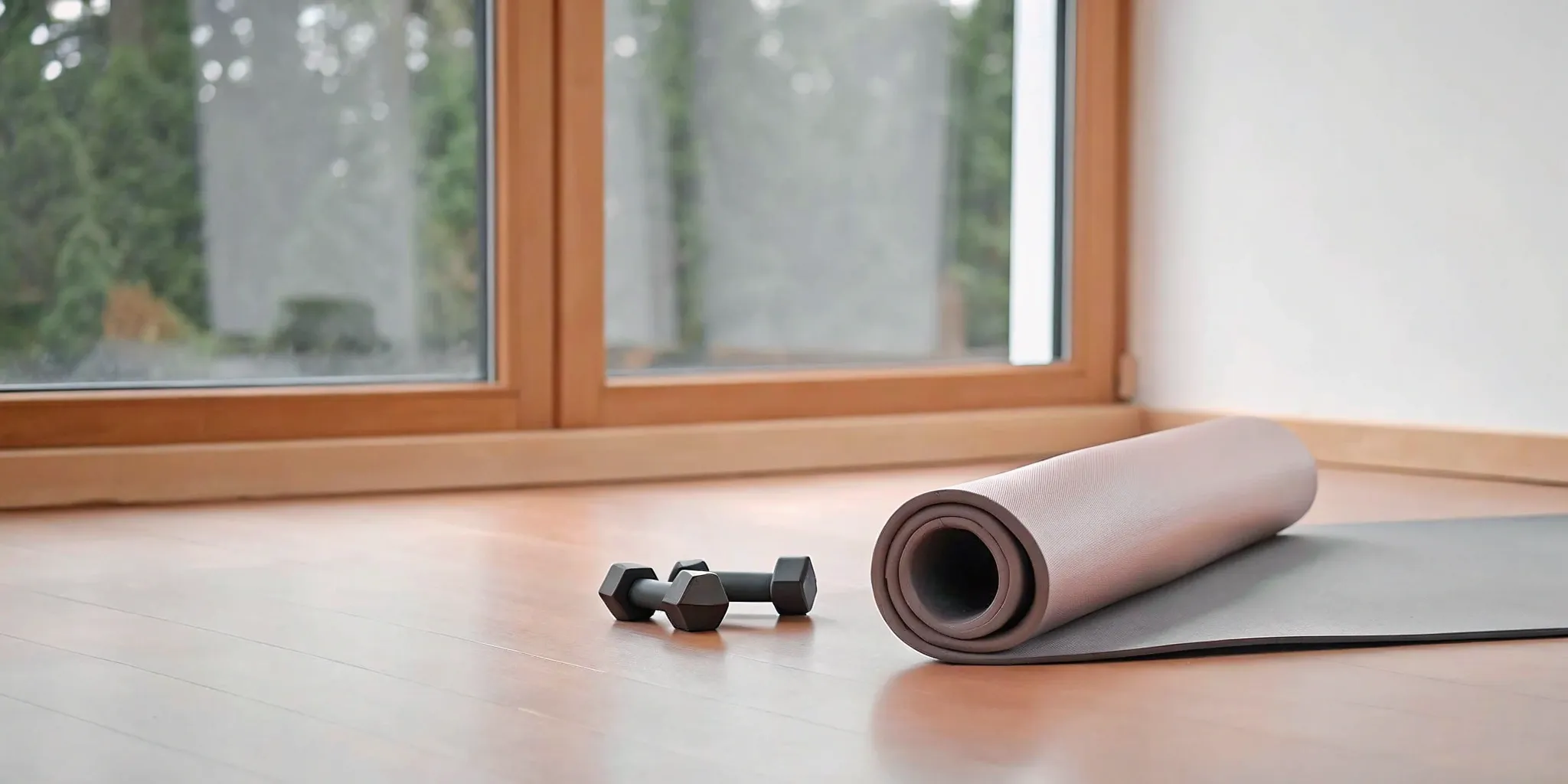 Dumbbells and yoga mat on wood floor.