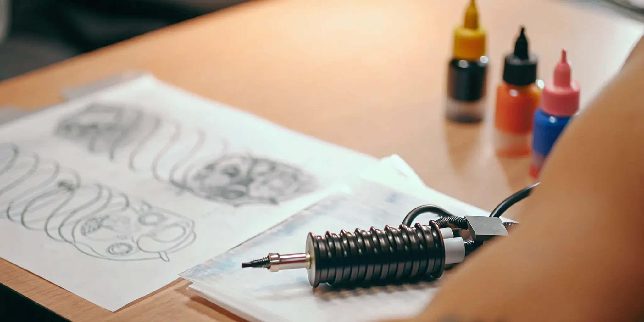 Tattoo machine, ink, and design sketches. Dallas tattoo cost guide.