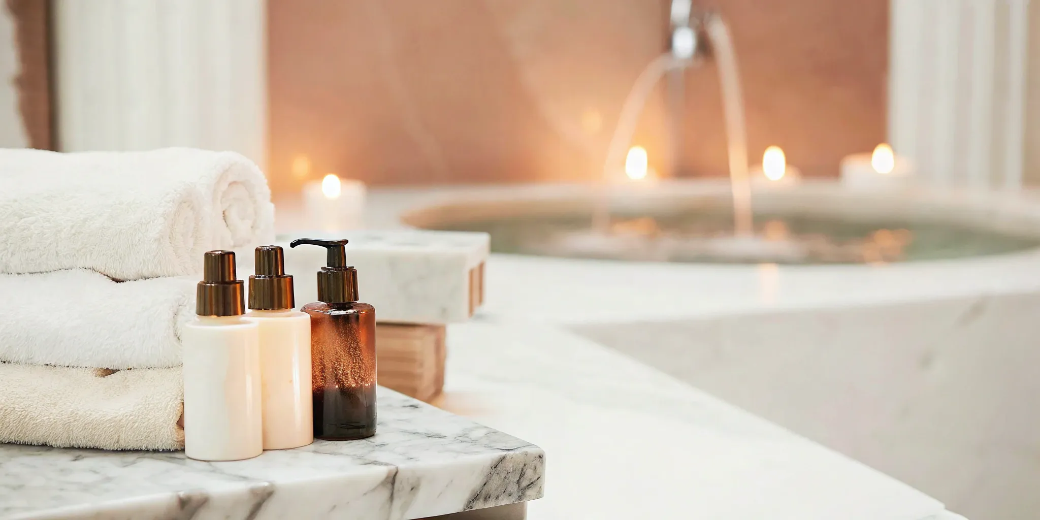 Anti-aging skincare products and soft towels.