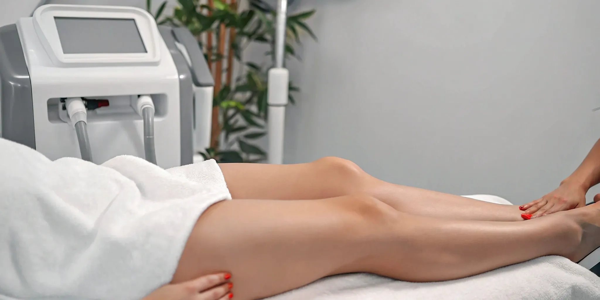 Body contouring treatment using advanced equipment to sculpt and smooth a patient's legs.