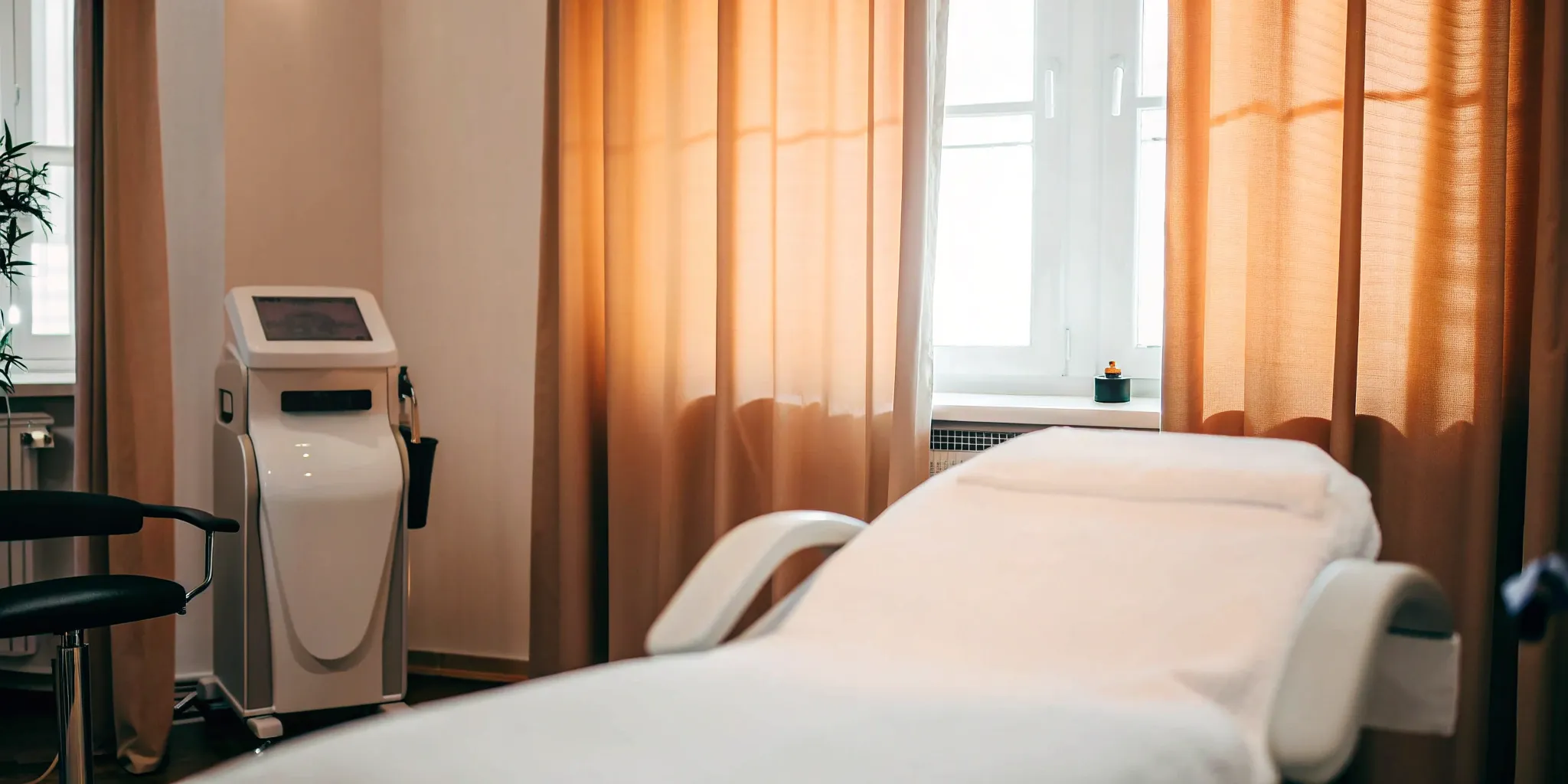 A professional clinic room with a machine and bed for safe laser hair removal.