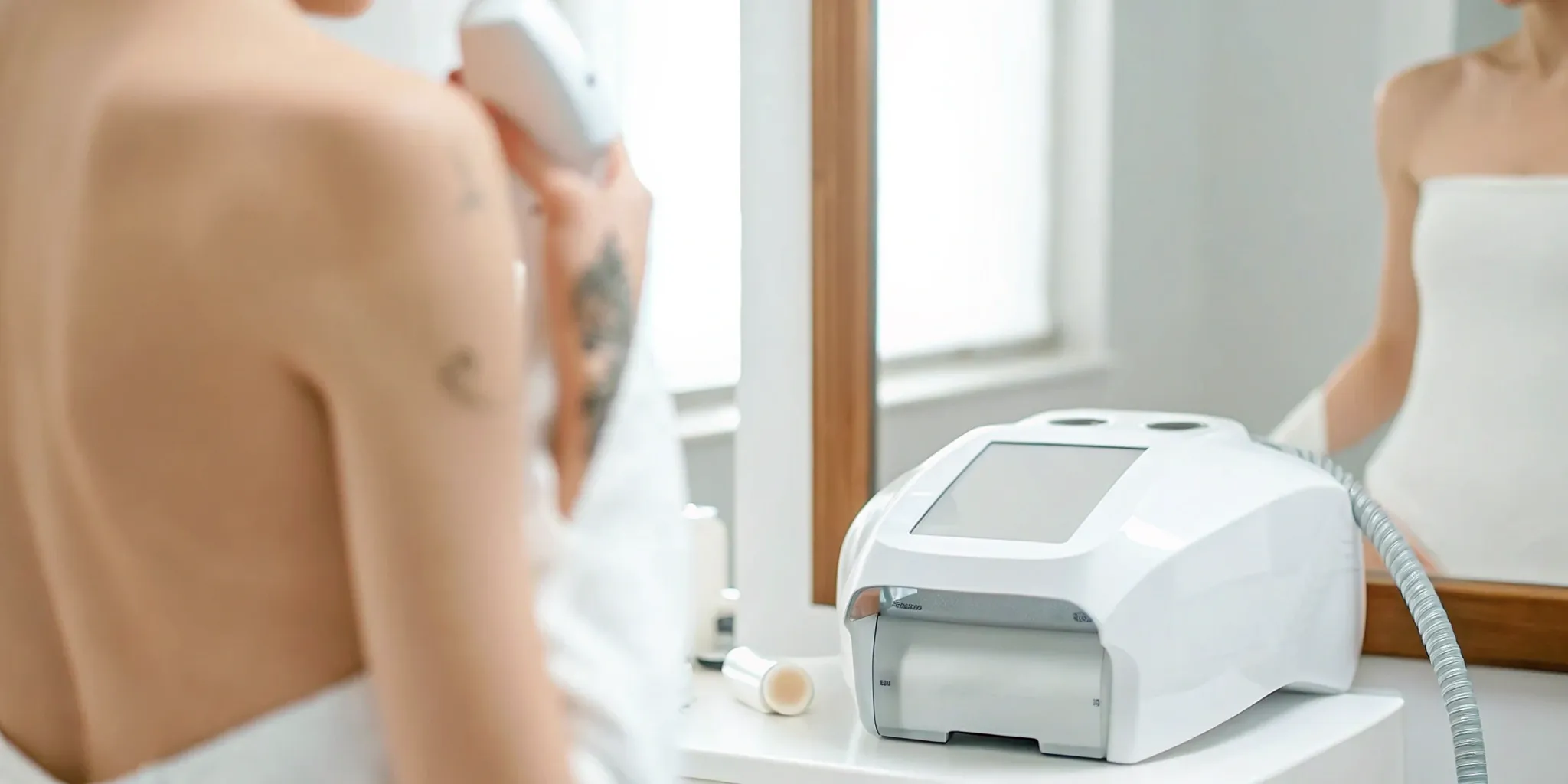 A woman undergoing a laser tattoo removal session at a professional Frisco clinic.