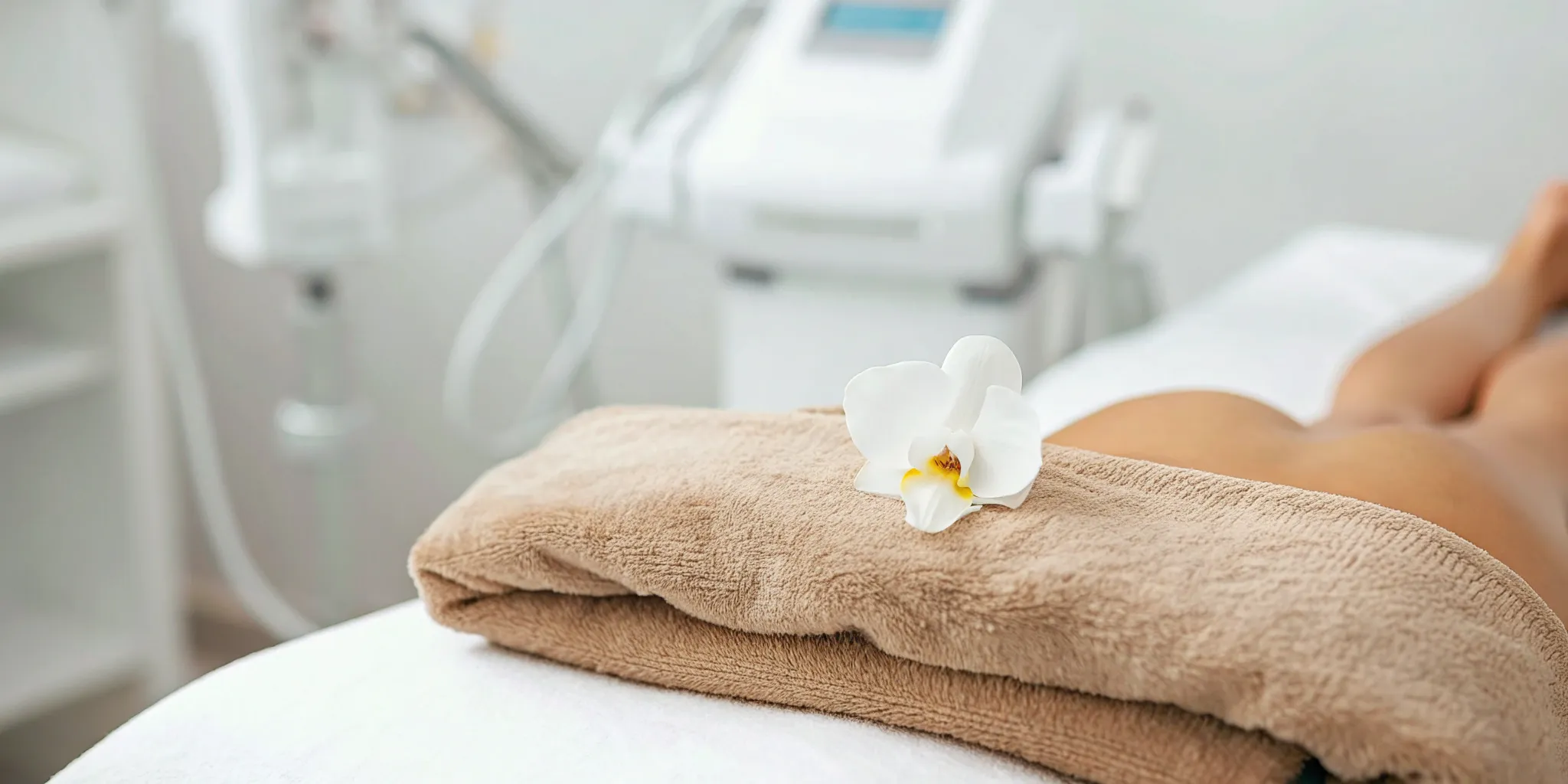 Clean towels and orchid in spa setting for laser hair removal.