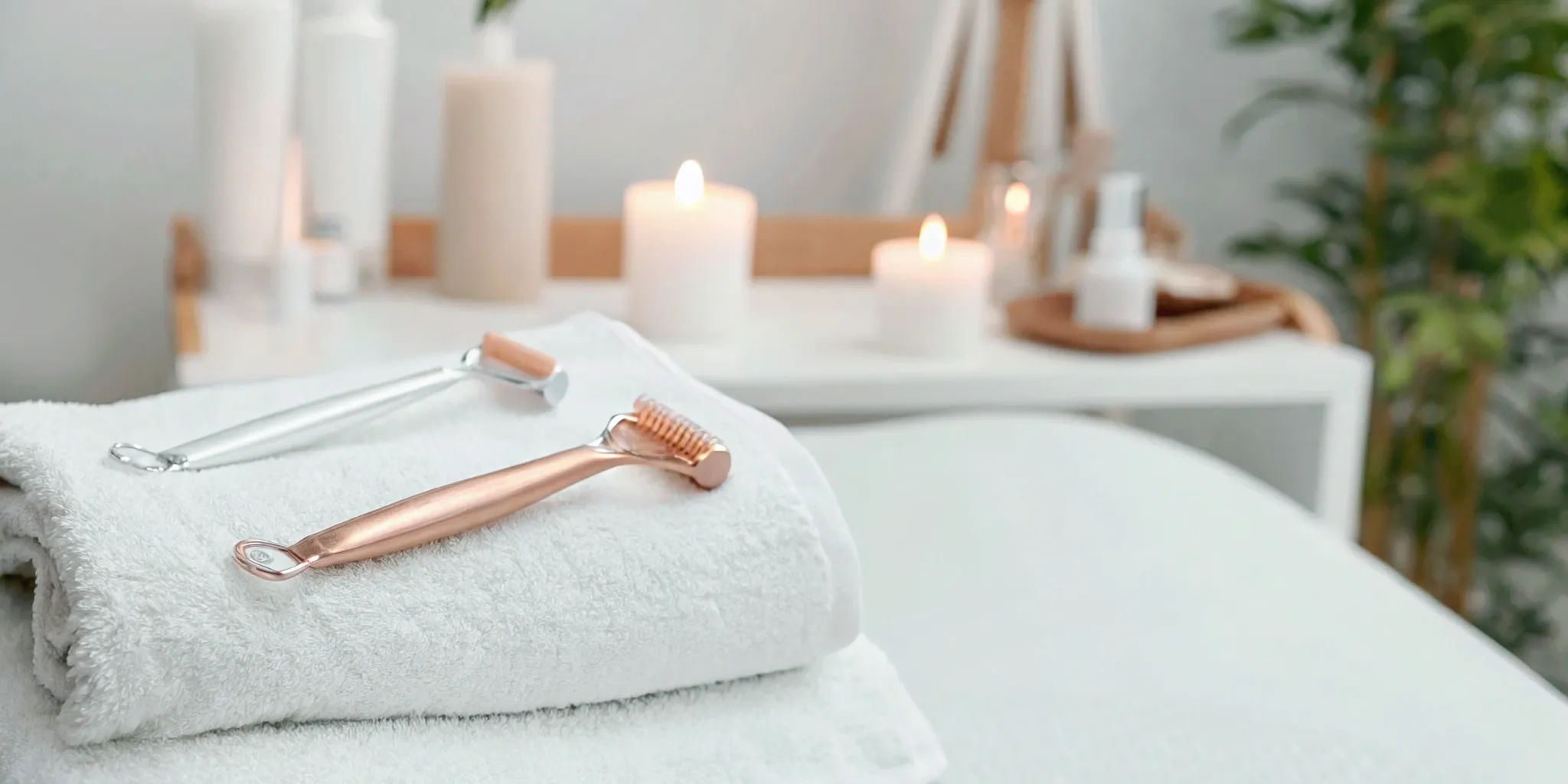 Microneedling tools and calming spa setting.