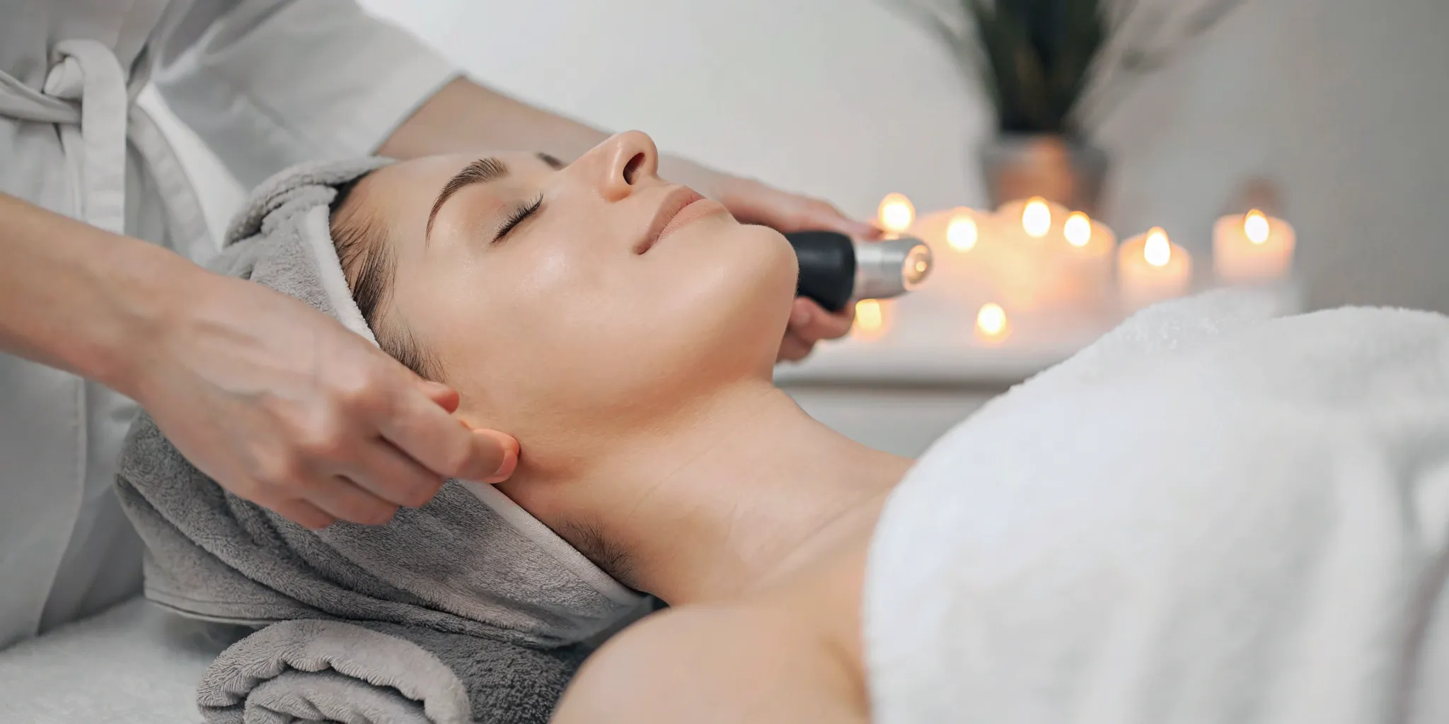 Woman receiving a photofacial treatment.