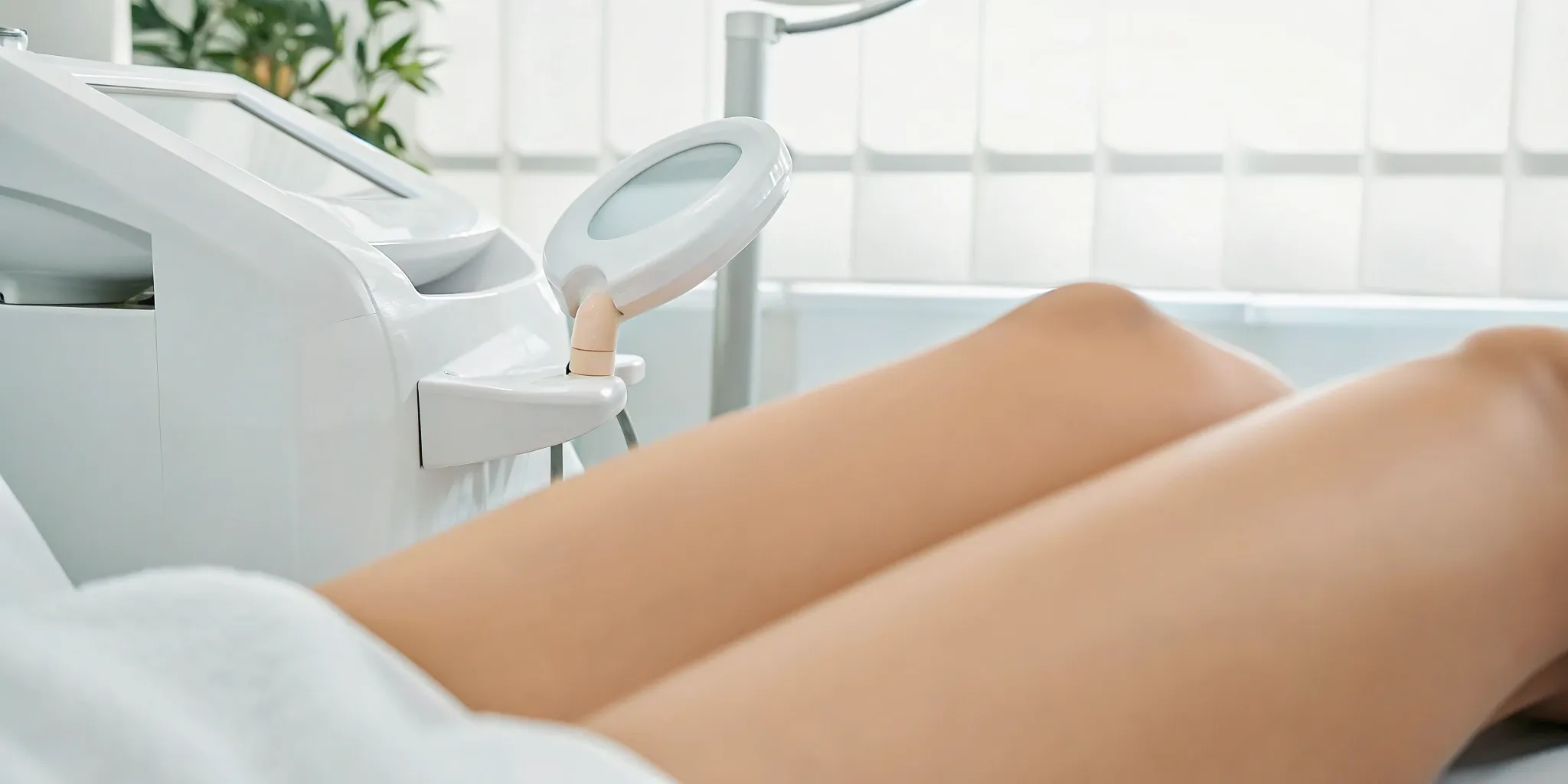 Tattoo removal laser targeting a leg tattoo.