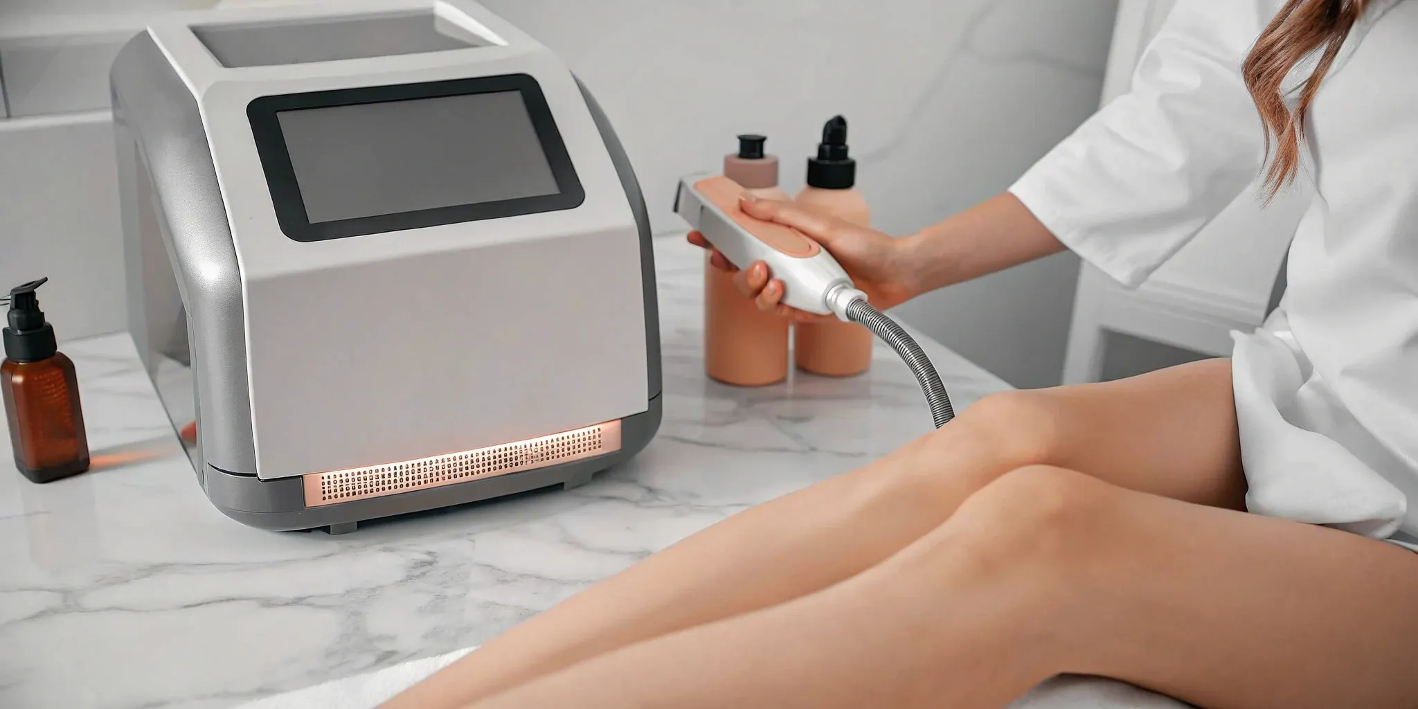 A patient receiving laser hair removal on their legs at a Fort Worth medspa.