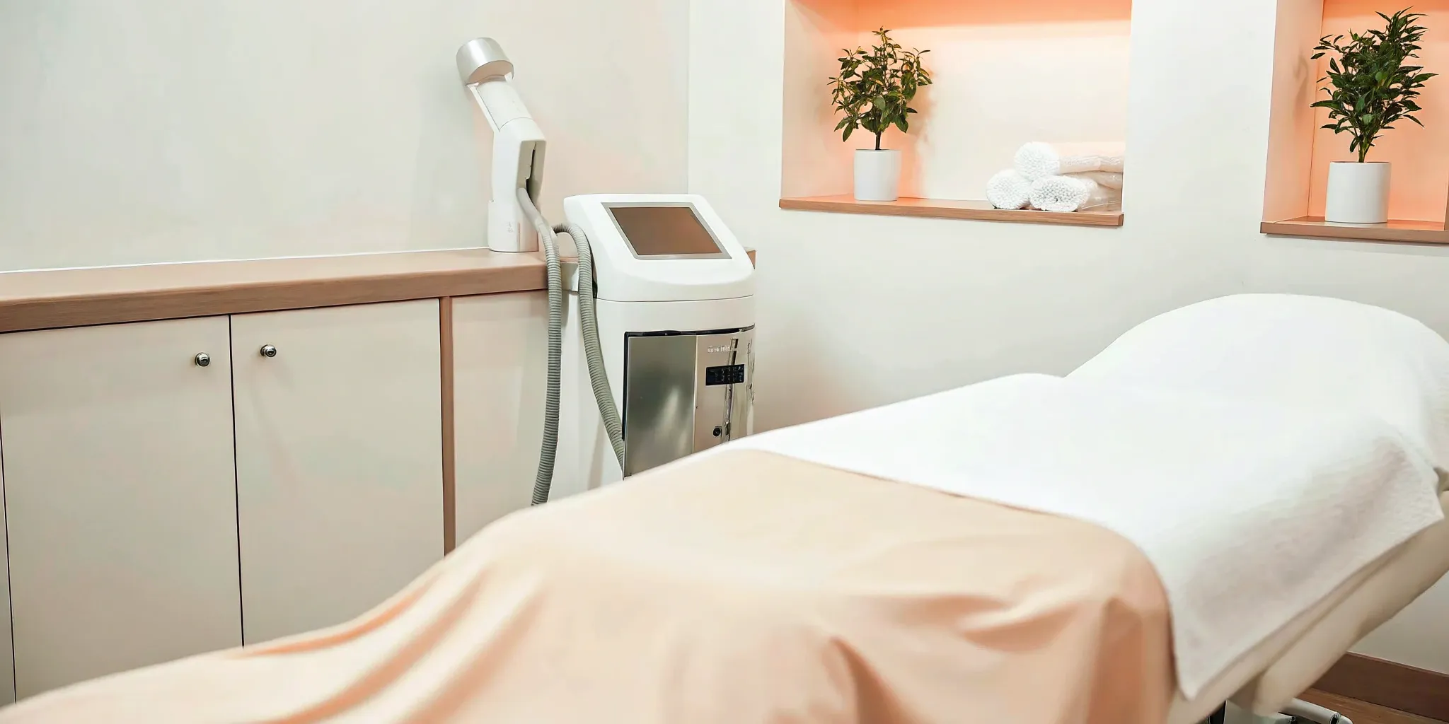 Laser hair removal machine and treatment bed in a professional Richardson medspa.