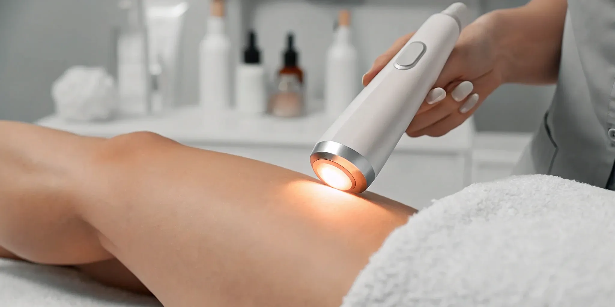 Laser hair removal treatment on a leg in Richardson, TX.