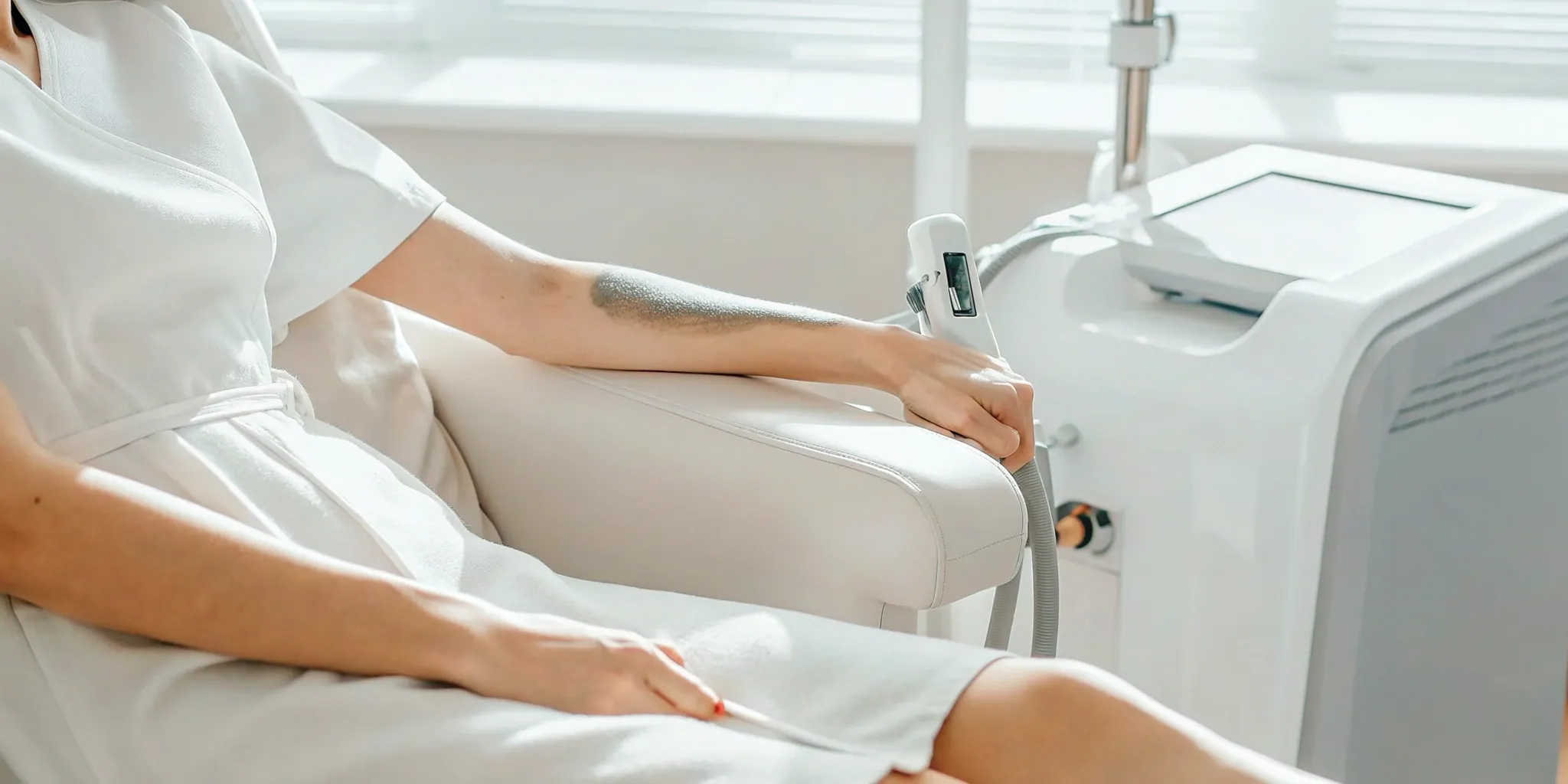 Laser tattoo removal treatment in Plano targeting ink on a client's forearm.