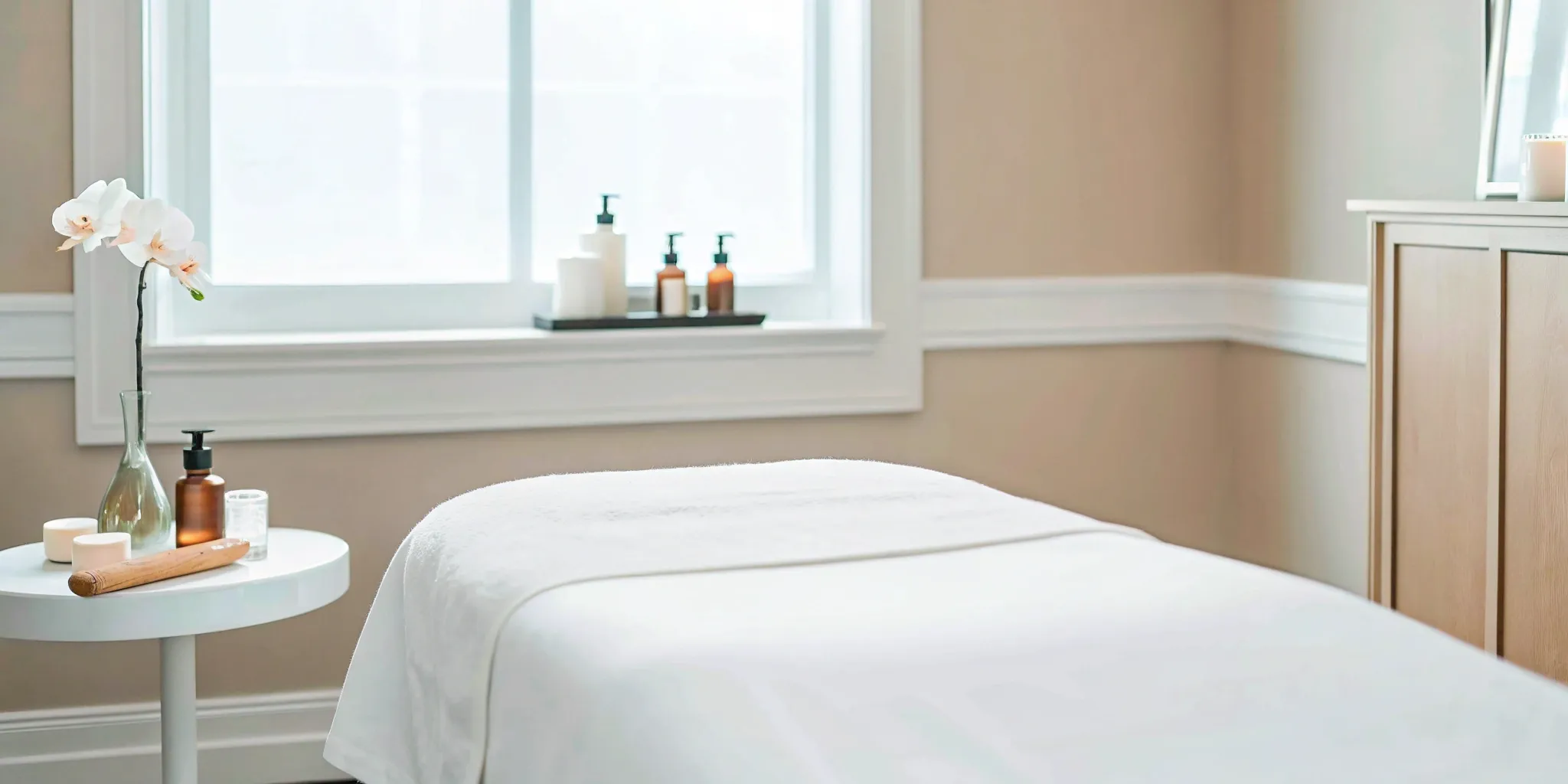 A modern clinic room prepared for a non-surgical love handles treatment.