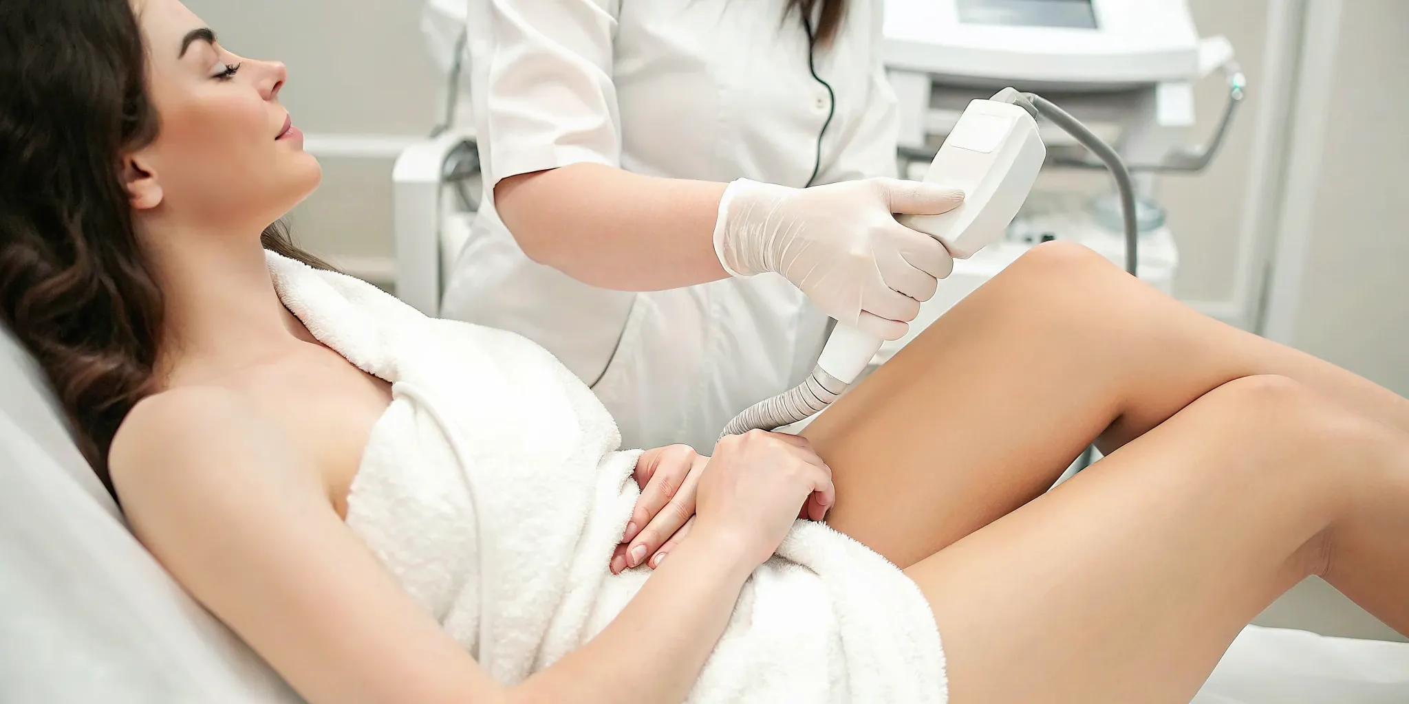 A woman's leg receiving laser hair removal, a treatment many wonder if it does hurt.