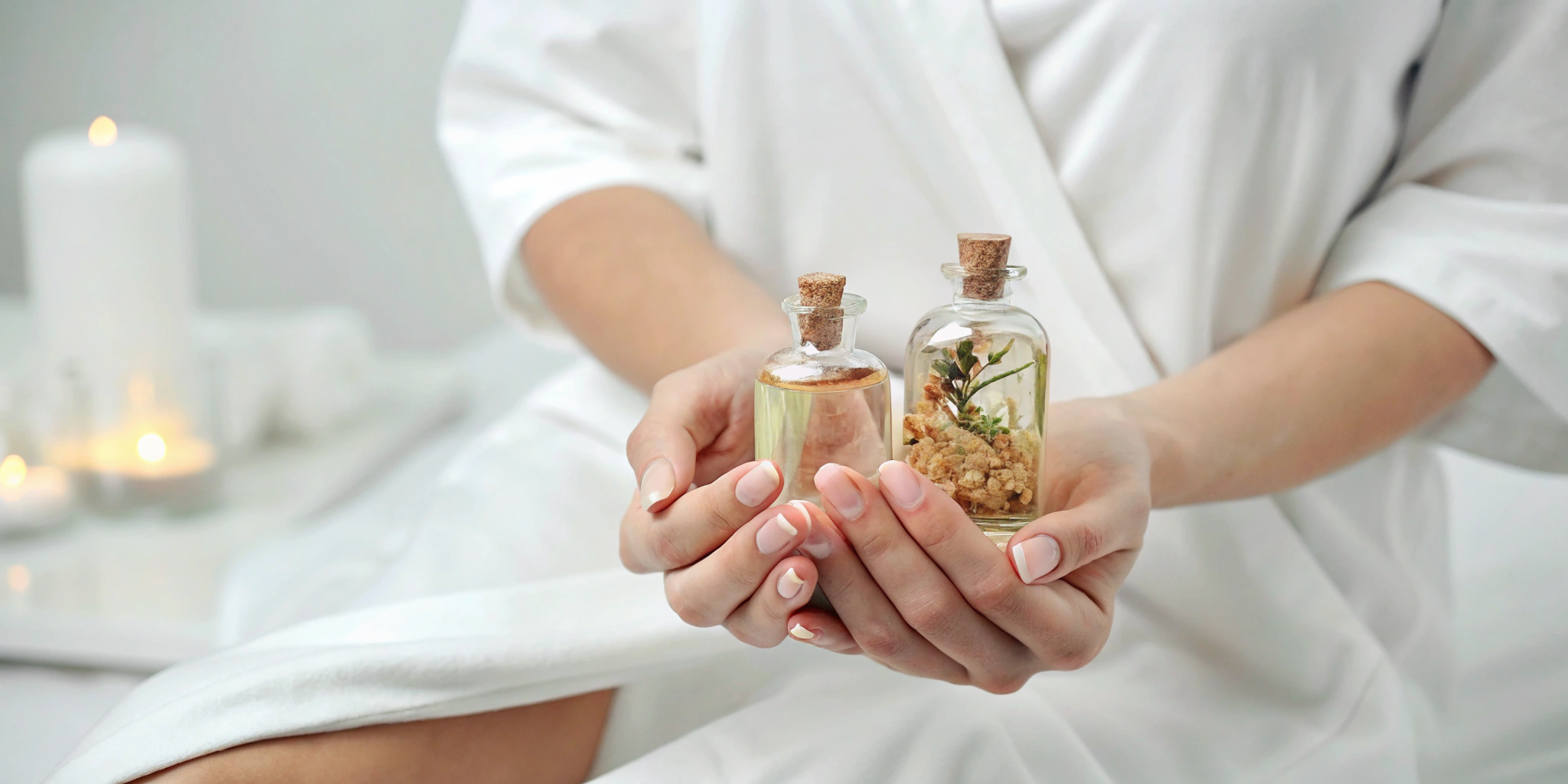 Glass bottles of natural ingredients for a personalized skincare plan.