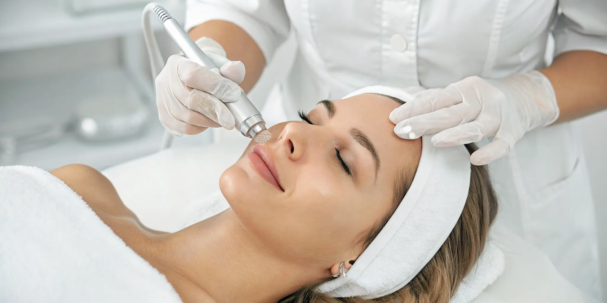 A woman receiving a Hydrafacial treatment from a medspa offering custom packages.