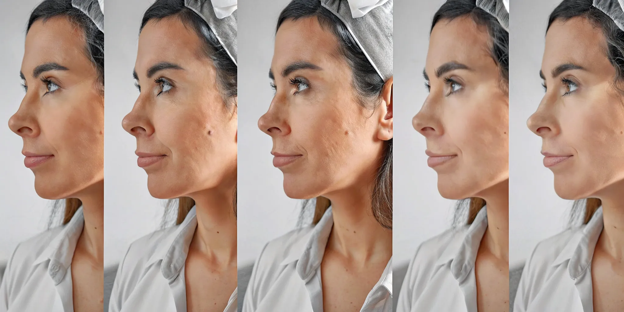 A woman's face showing the day-by-day timeline of microneedling recovery.