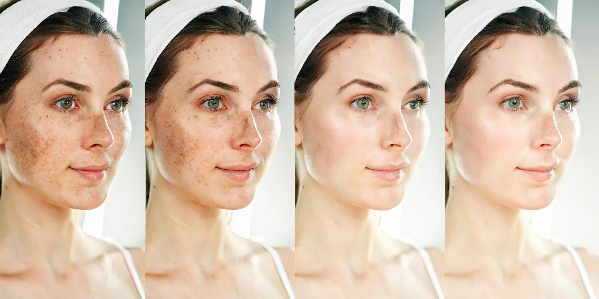 A woman's face showing the day-by-day recovery time after microneedling.