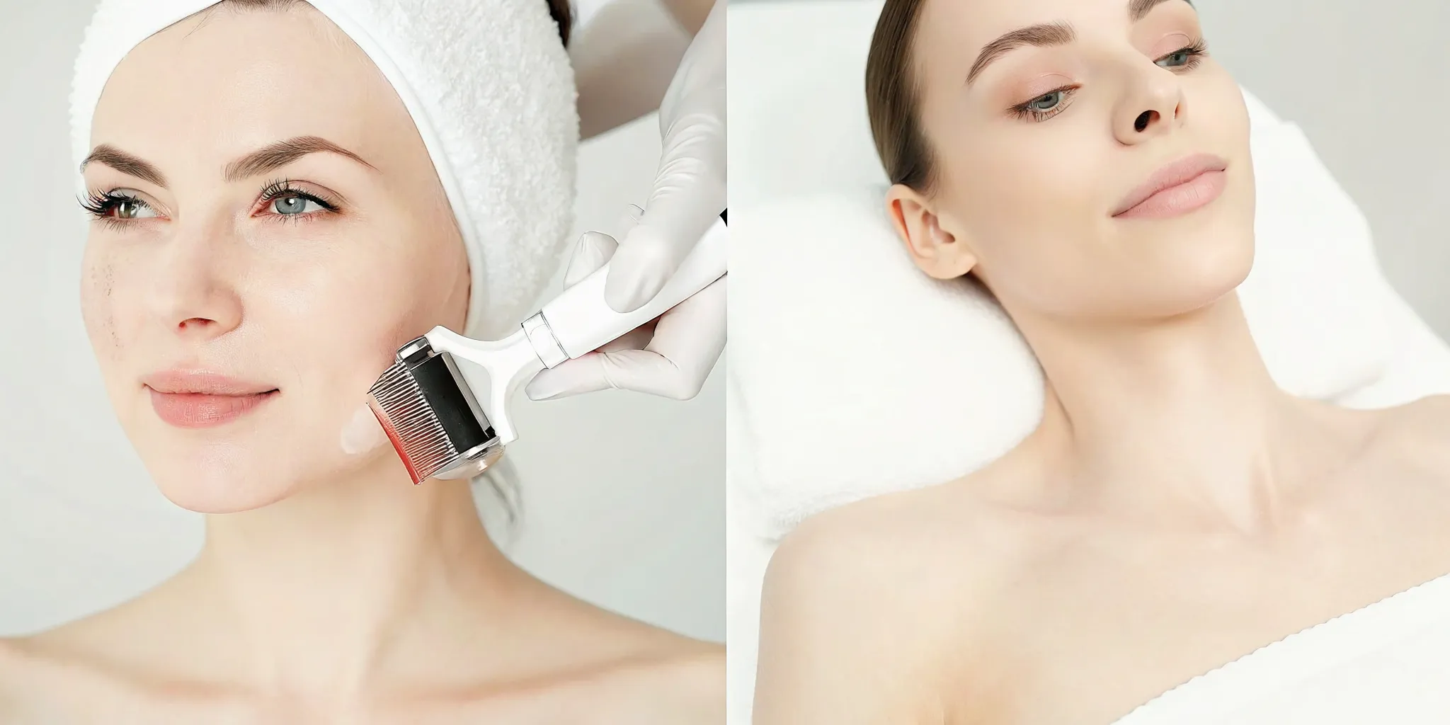 A comparison of microneedling vs laser resurfacing skin treatments on a woman's face.