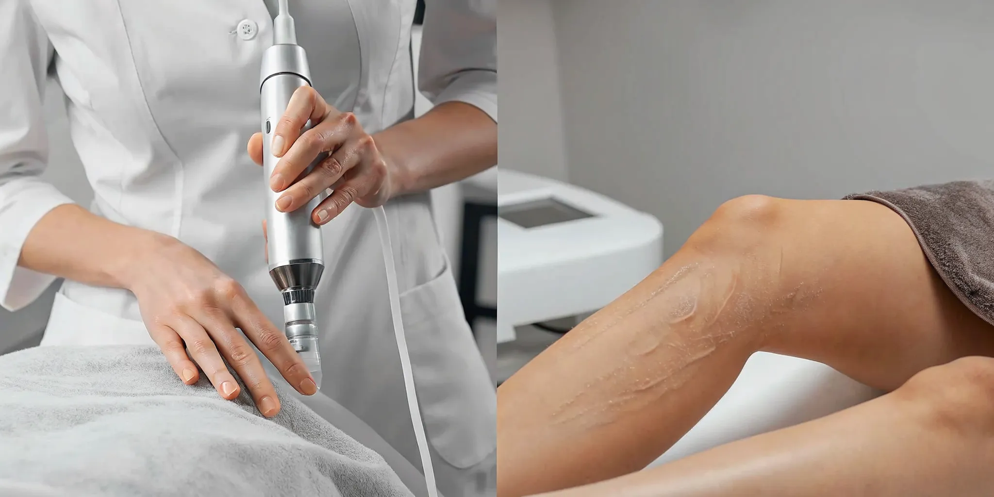A comparison of SkinPen vs RF microneedling treatment on a patient's legs for skin rejuvenation.