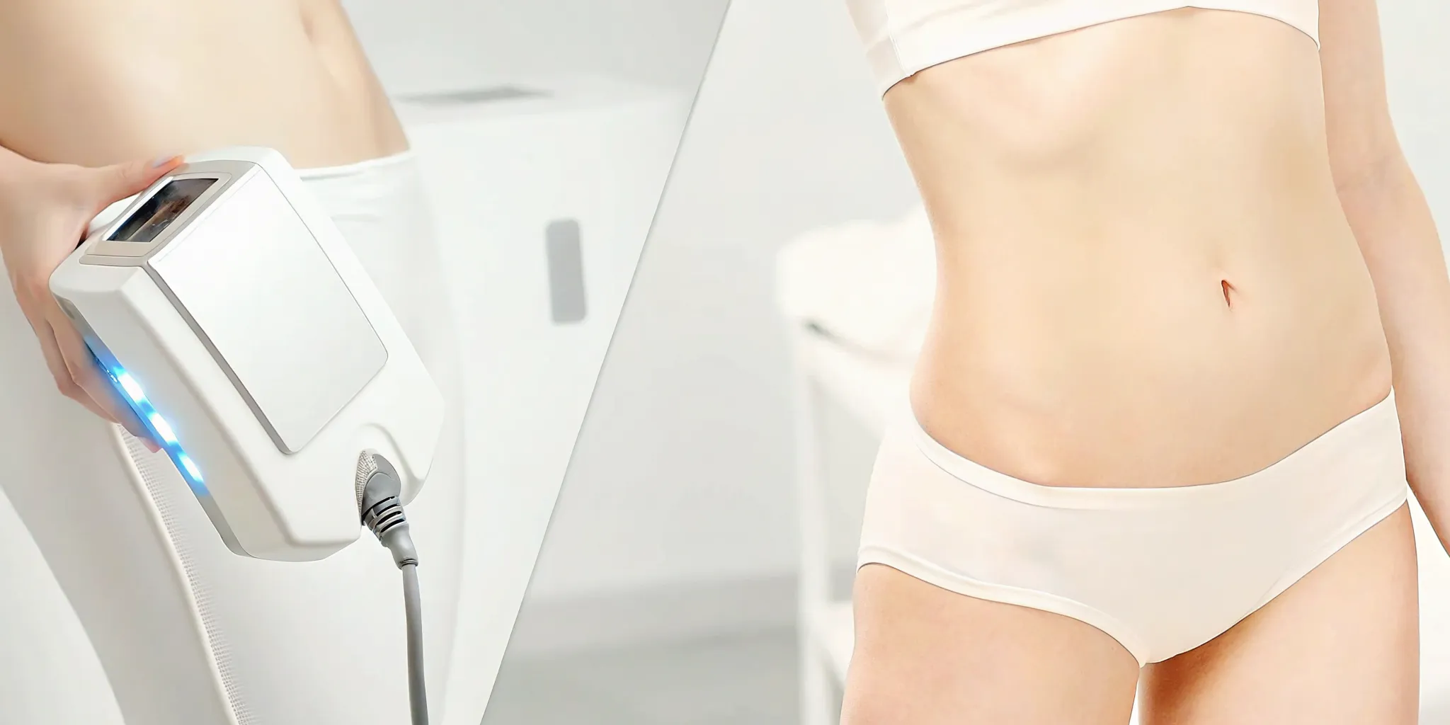 UltraShape vs CoolSculpting comparison showing the device on a stomach and the fat reduction results.