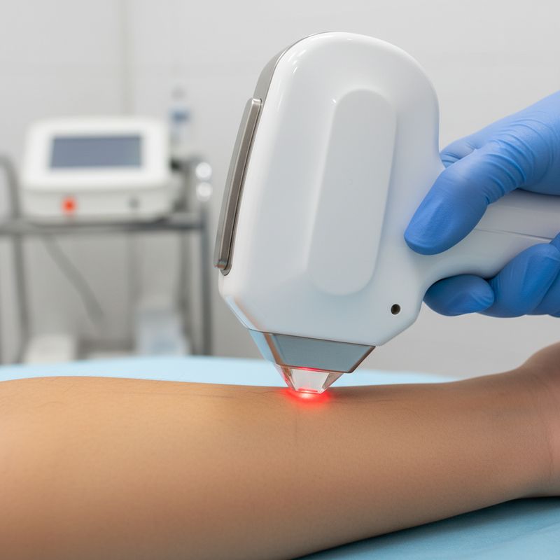 Close-up of professional laser hair removal treatment showing precise technology used for Brazilian area hair removal