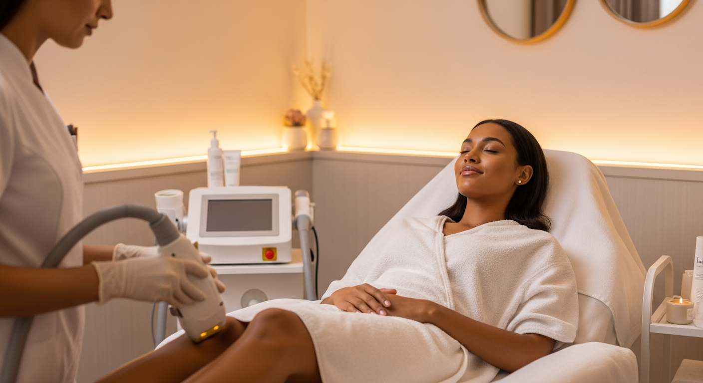 Laser hair removal treatment on dark skin at a modern medical spa