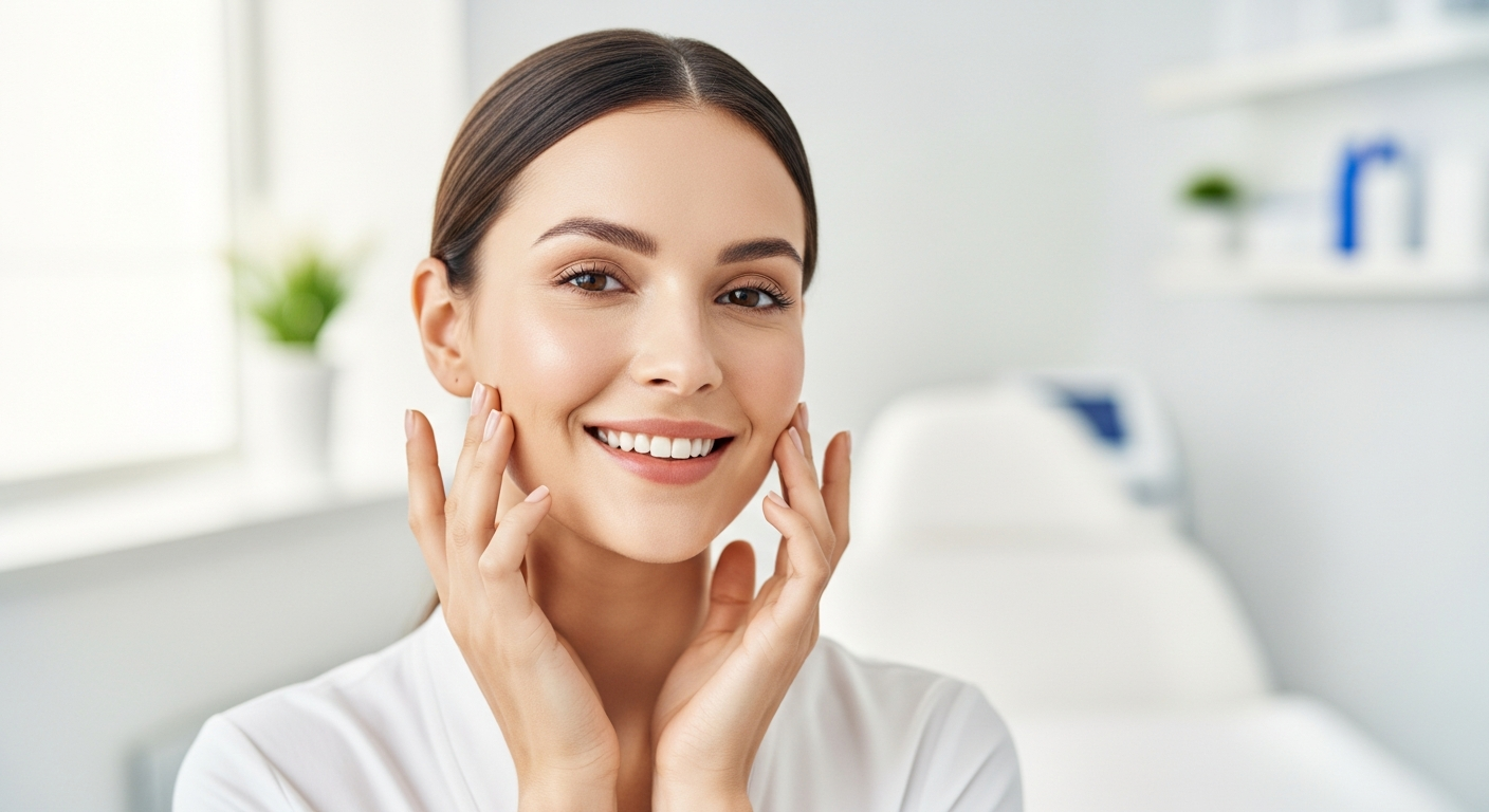 Woman with smooth glowing skin after microneedling with PRP treatment