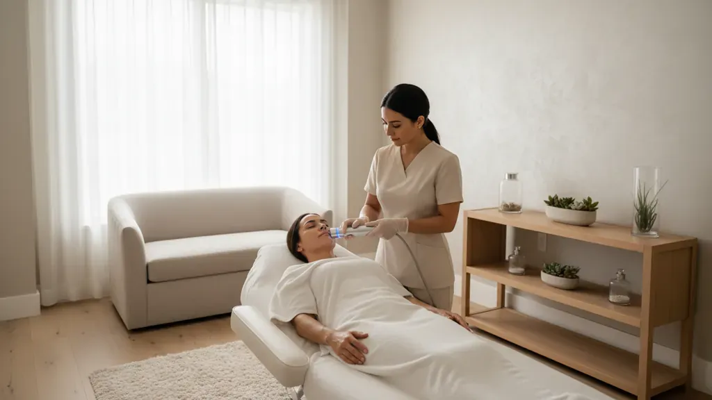 Client receiving a HydraFacial style skin treatment in a bright medical spa room