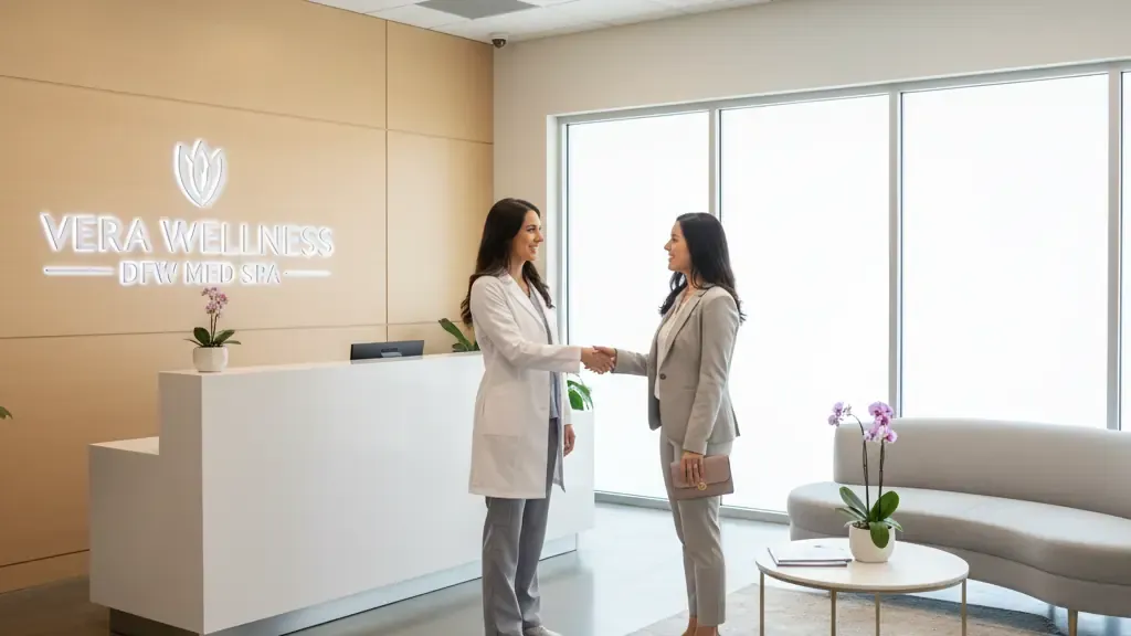 Friendly med spa professional greeting a first-time client at Ultimate Image MedSpa in Dallas-Fort Worth