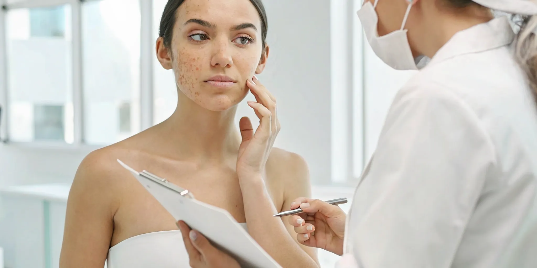 Client discussing acne scar treatment options at a medical spa