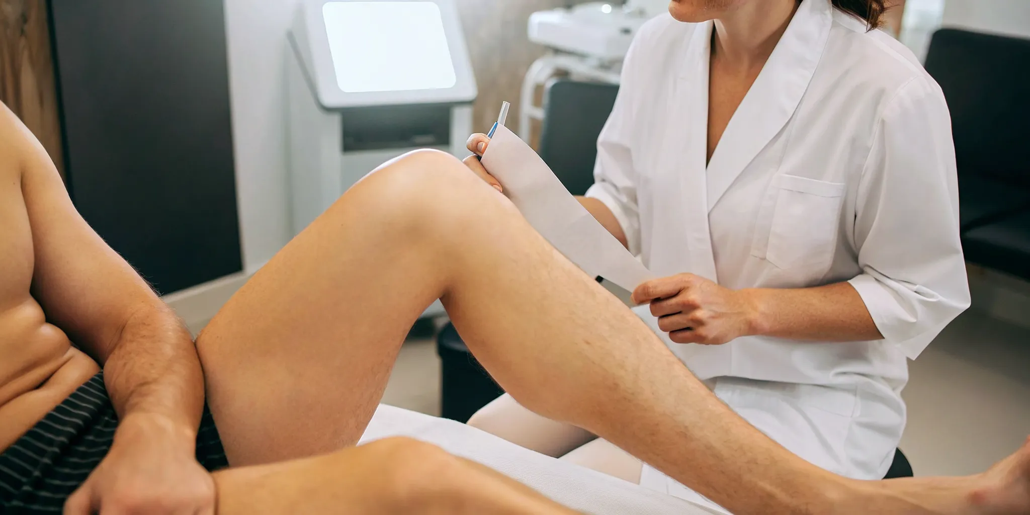 Man consulting with a medical spa professional about laser hair removal
