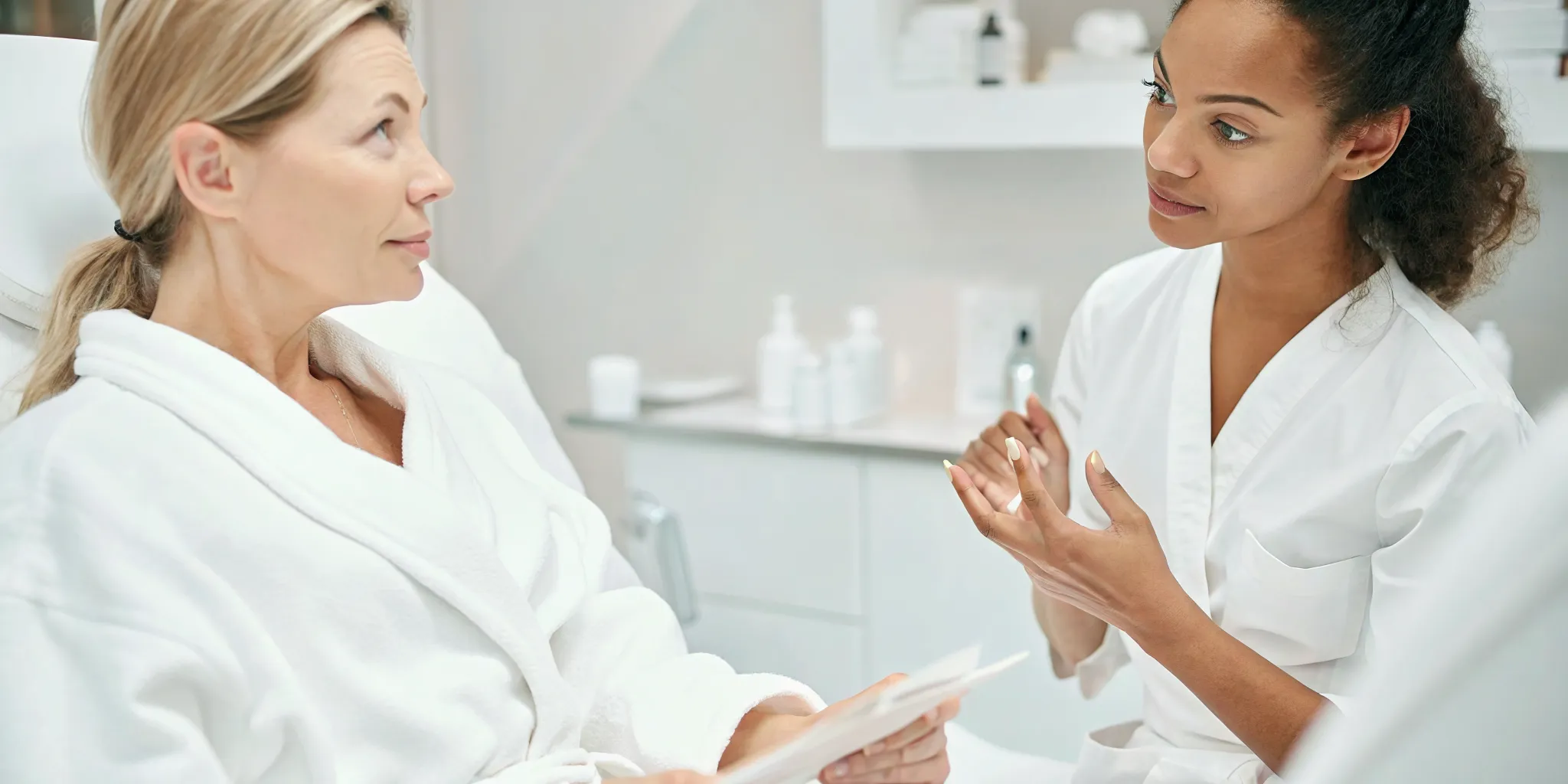 Professional consultation about microneedling and chemical peel treatments