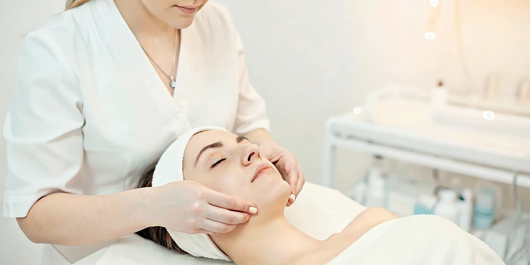 Medical spa professional assessing skin for acne scar treatment in a modern treatment room