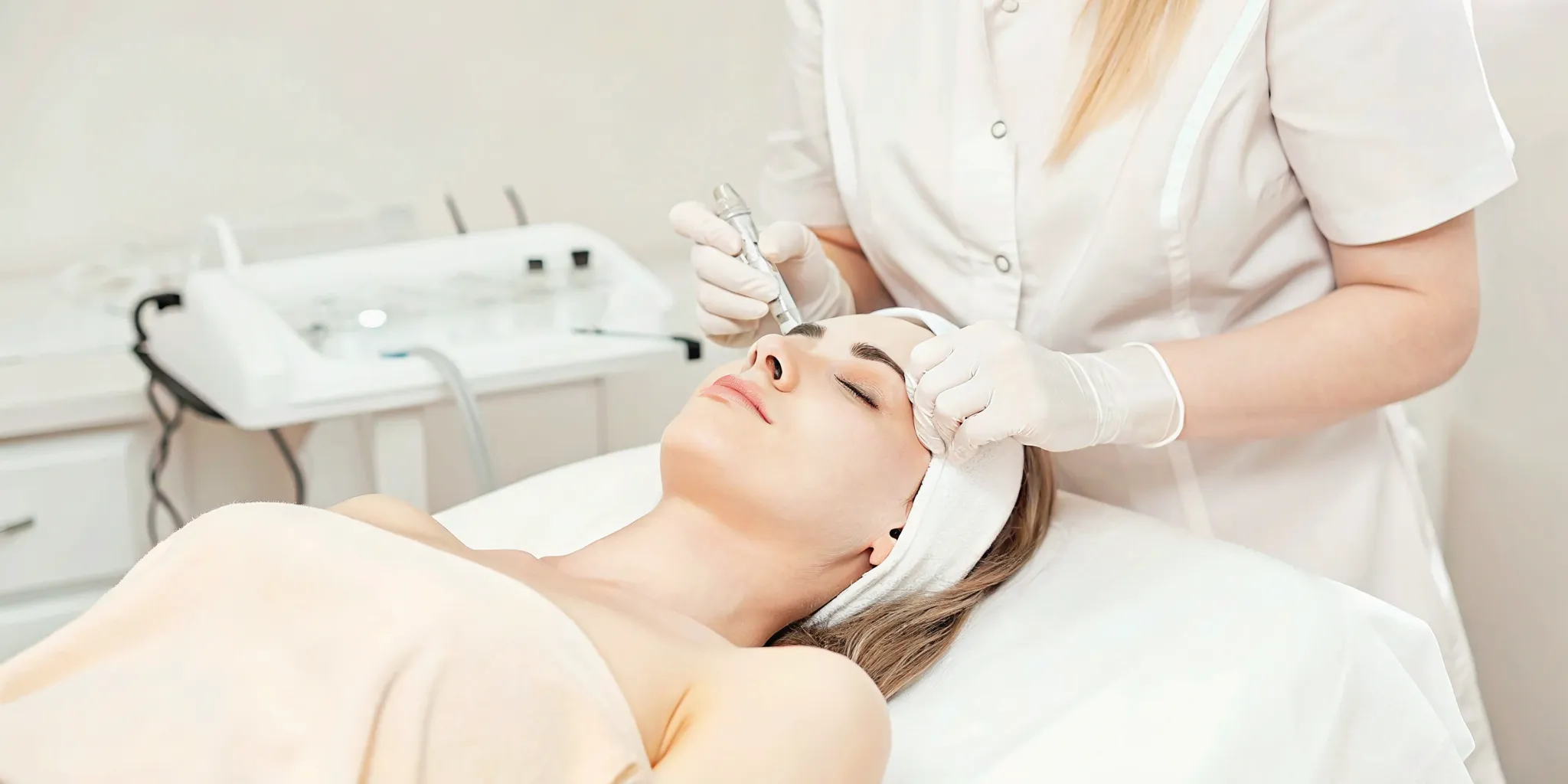 Medical aesthetician preparing platelet-rich plasma facial treatment in a clean medical spa treatment room