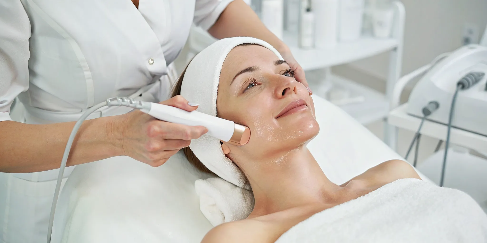 A woman receiving an IPL photofacial treatment for sun damage at a medical spa