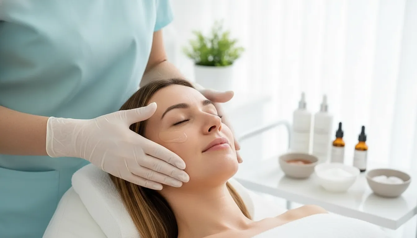 Woman receiving a hydrating facial in a bright medical spa before summer