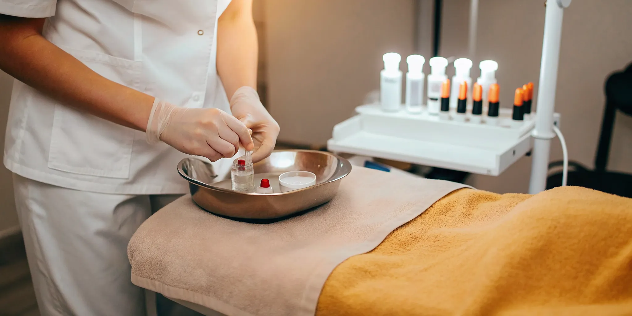 Medical aesthetician preparing platelet-rich plasma treatment in a clean clinical treatment room