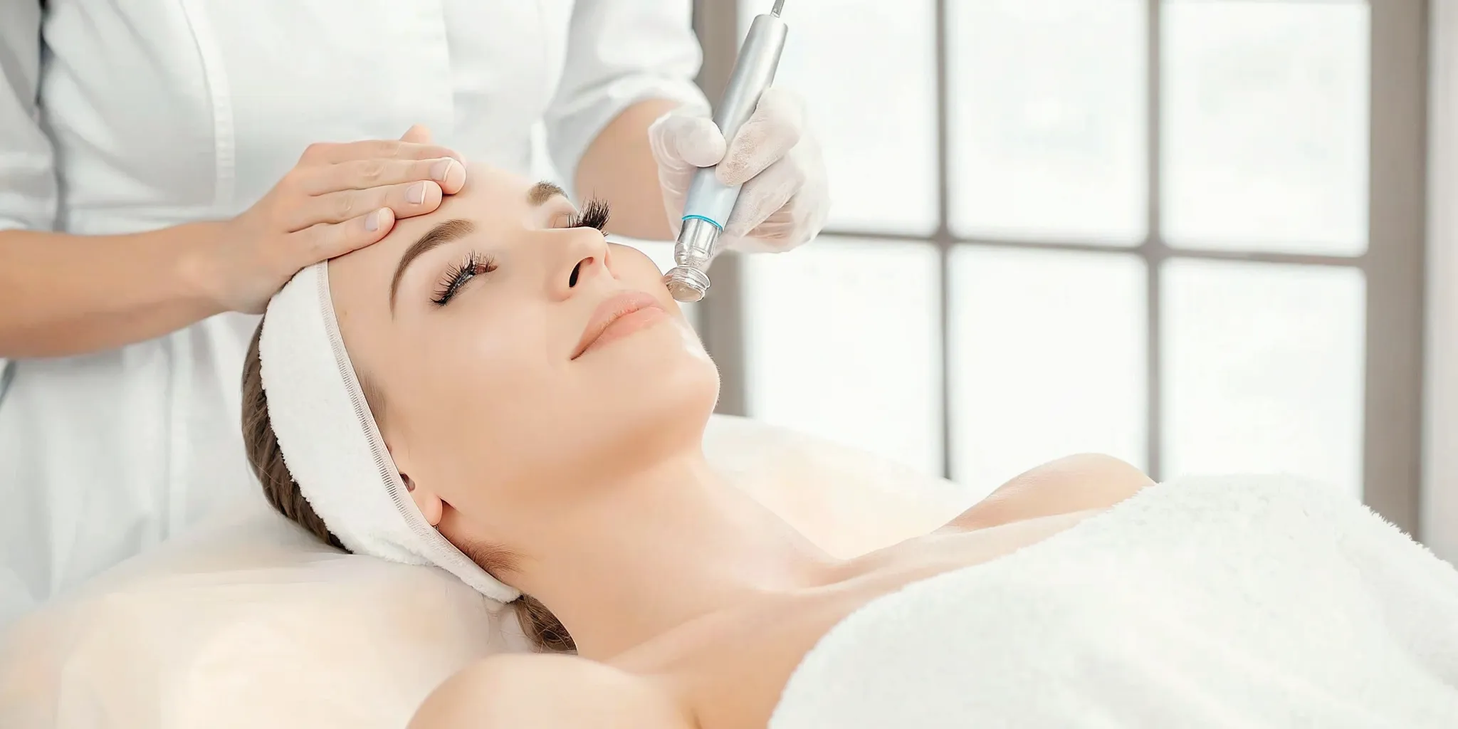 Woman receiving a cooling facial treatment at a sunlit medical spa as summer skin prep