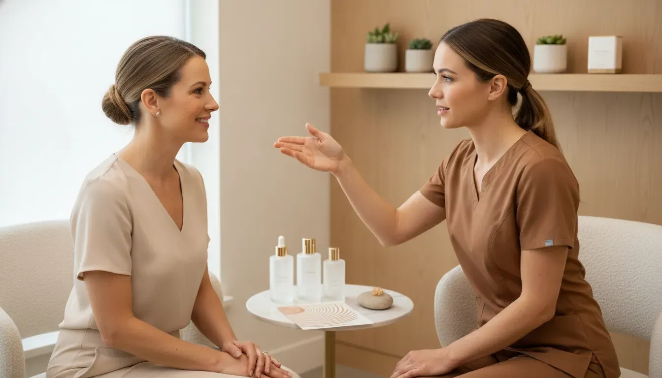 Clinician and patient discussing Botox, Dysport, and Xeomin treatment options
